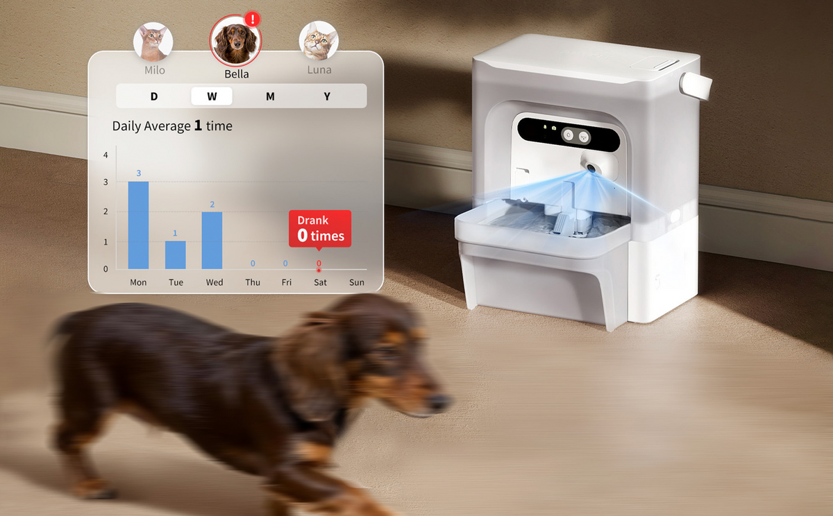The PETKIT EverSweet Ultra smart pet water fountain features AI multi-pet recognition, tracking individual pets' drinking habits and sending alerts for irregular hydration patterns to help owners monitor their pets' health.
