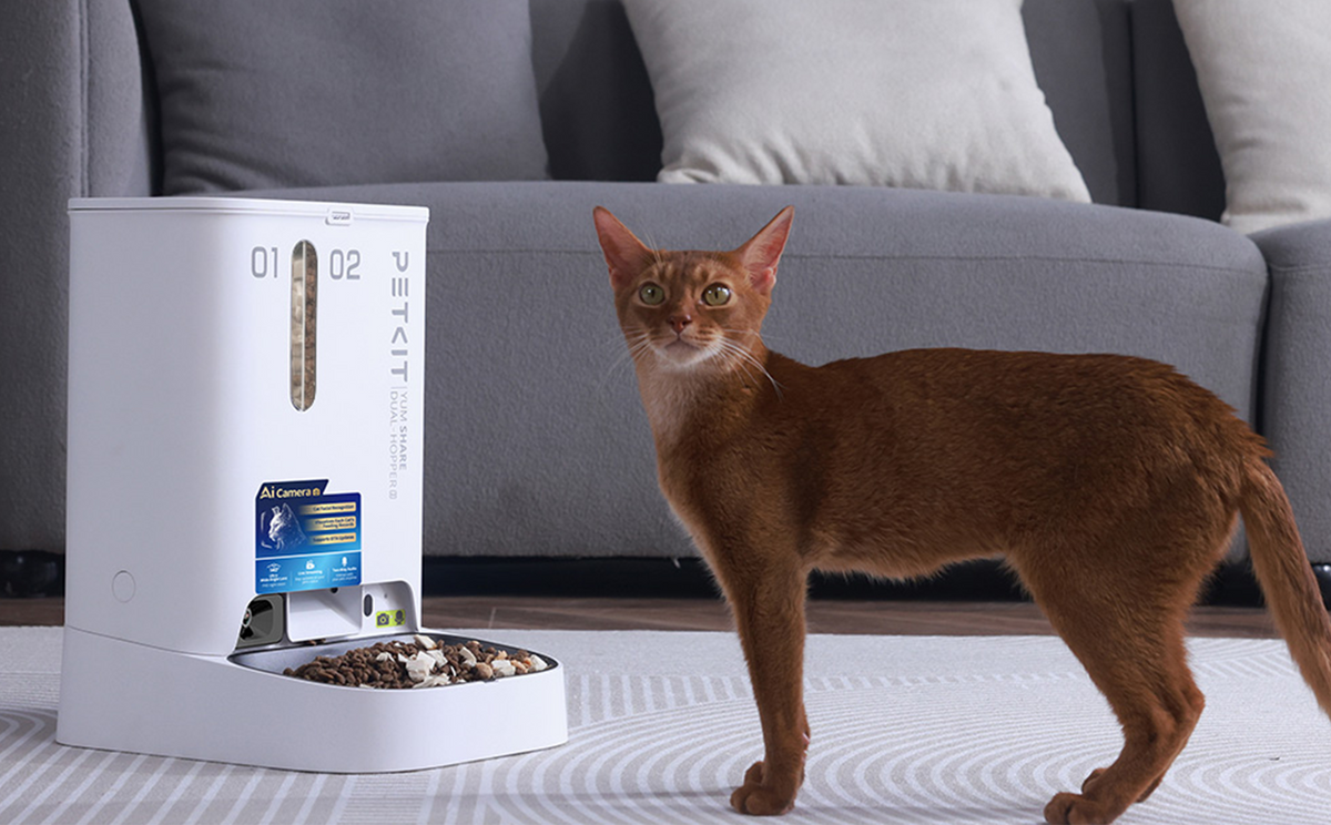 PETKIT automatic pet feeders, including YumShare Dual-hopper 2 with two food hoppers and AI camera, YumShare Solo 2 with a single hopper and AI camera, and Fresh Element Solo with scheduled feeding and app-based controls.
