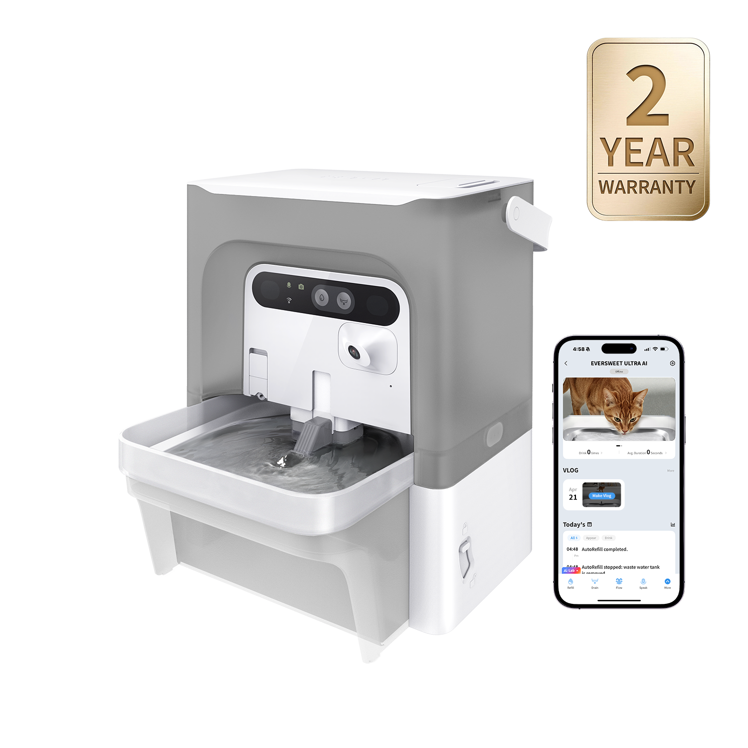 PETKIT EverSweet Ultra cat water fountain (Gray), cat water dispenser, app control interface displayed on smartphone for remote control