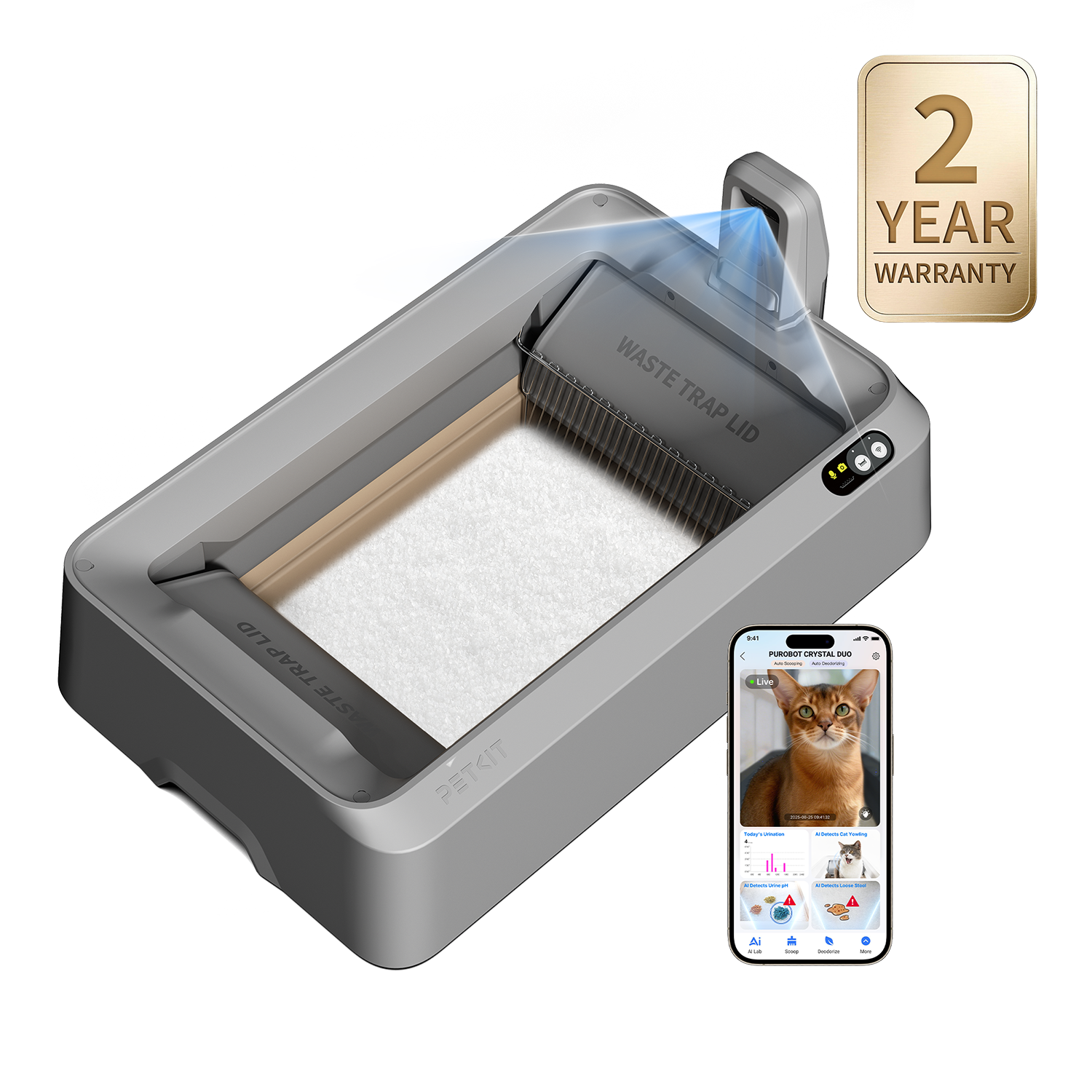 PETKIT Purobot Crystal Duo cat litter box with waste trap lid and smartphone app on a white background