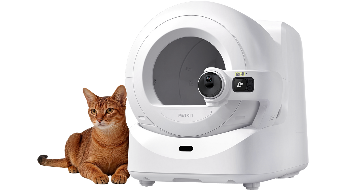 A white automatic cat litter box with a camera on the front, shown next to an orange tabby cat on a plain white background.