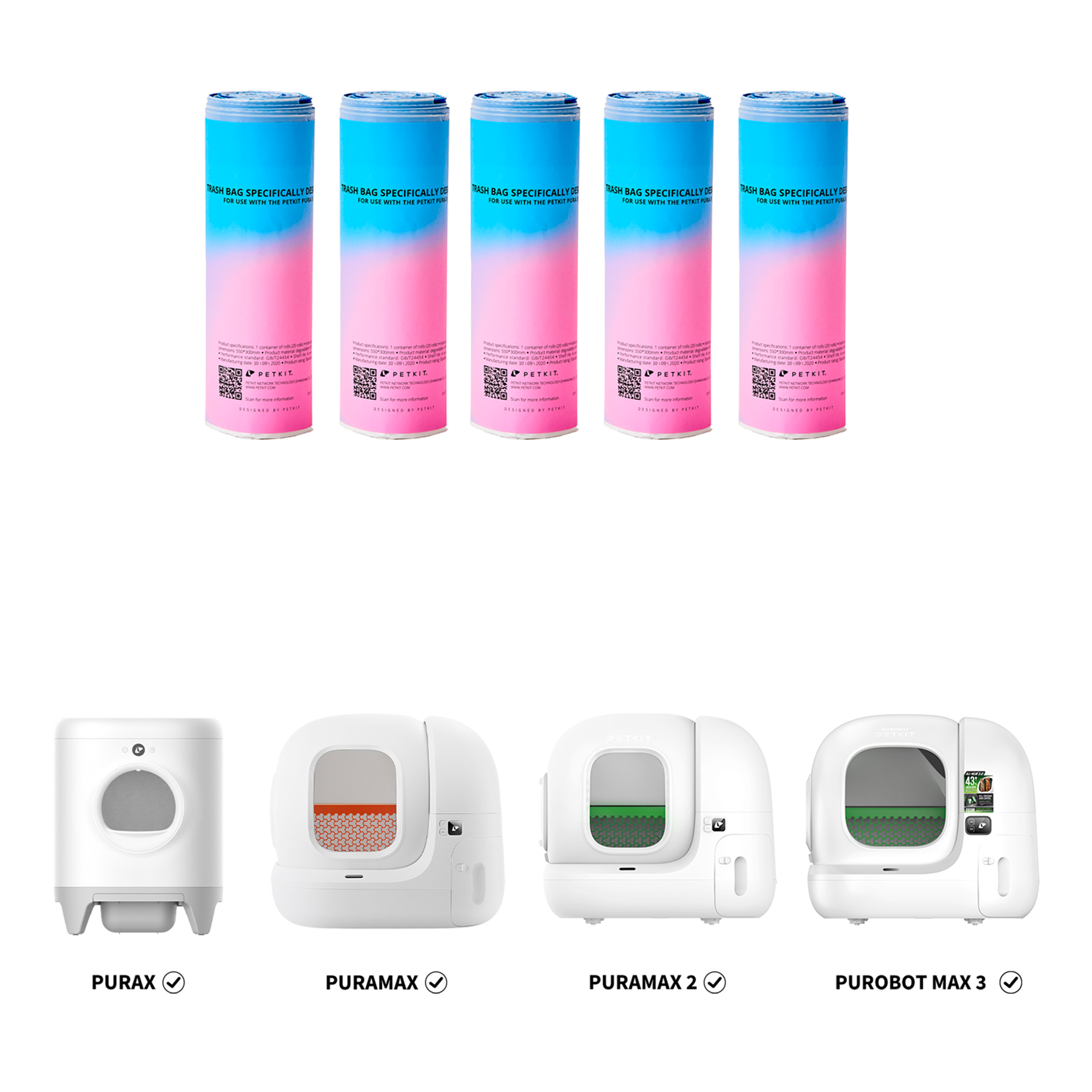 Automatic Litter Box Trash Bag displayed with compatible PETKIT litter boxes Purax, PuraMax, PuraMax 2 and Purobot Max 3, showing perfect fit and usage compatibility