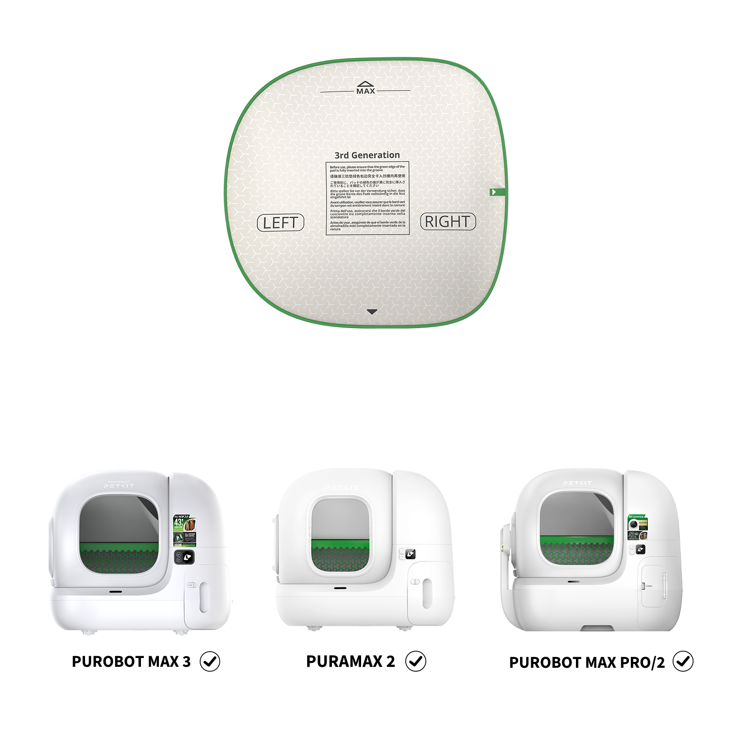 High Performance Cat Litter Pad Max 3.0 product shown with compatible automatic litter boxes including Purobot Max 3, PuraMax 2, Purobot Max Pro, and Purobot Max Pro 2