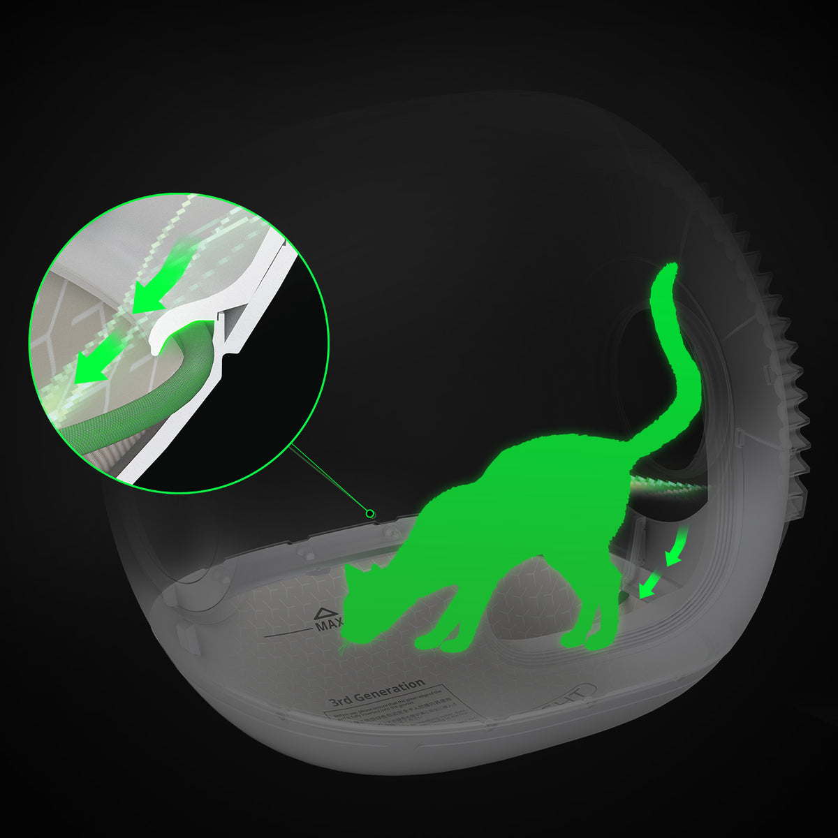 High Performance Cat Litter Pad Max 3.0 with elastic edge fitted into the groove to ensure a seamless fit and guide urine to the pad to prevent leakage along the edges