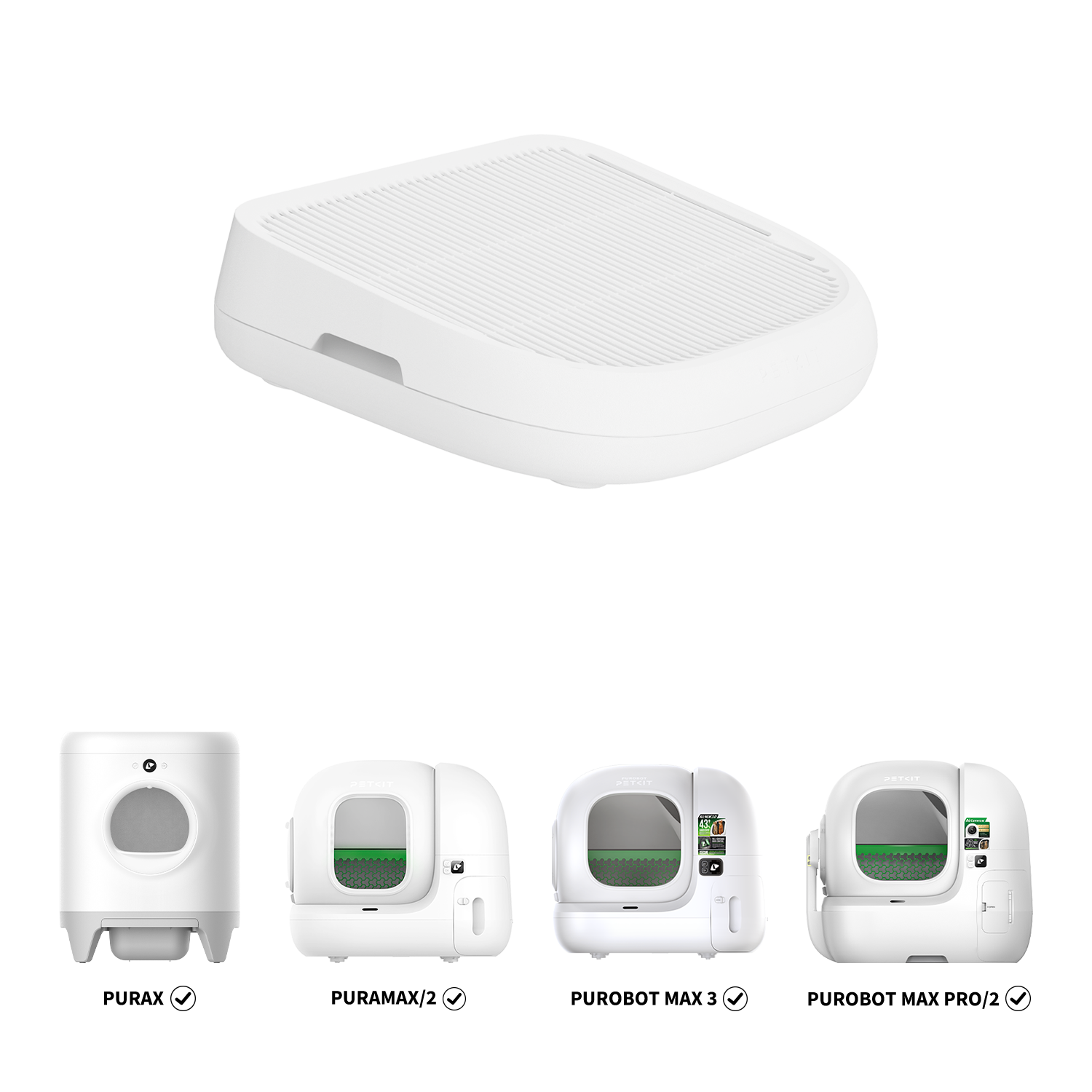 Cat Litter Ramp displayed with compatible PETKIT automatic litter boxes, including PuraX, PuraMax 2, Purobot Max Pro, and Purobot Max Pro 2 Automatic Litter Box, Purobot Max 3