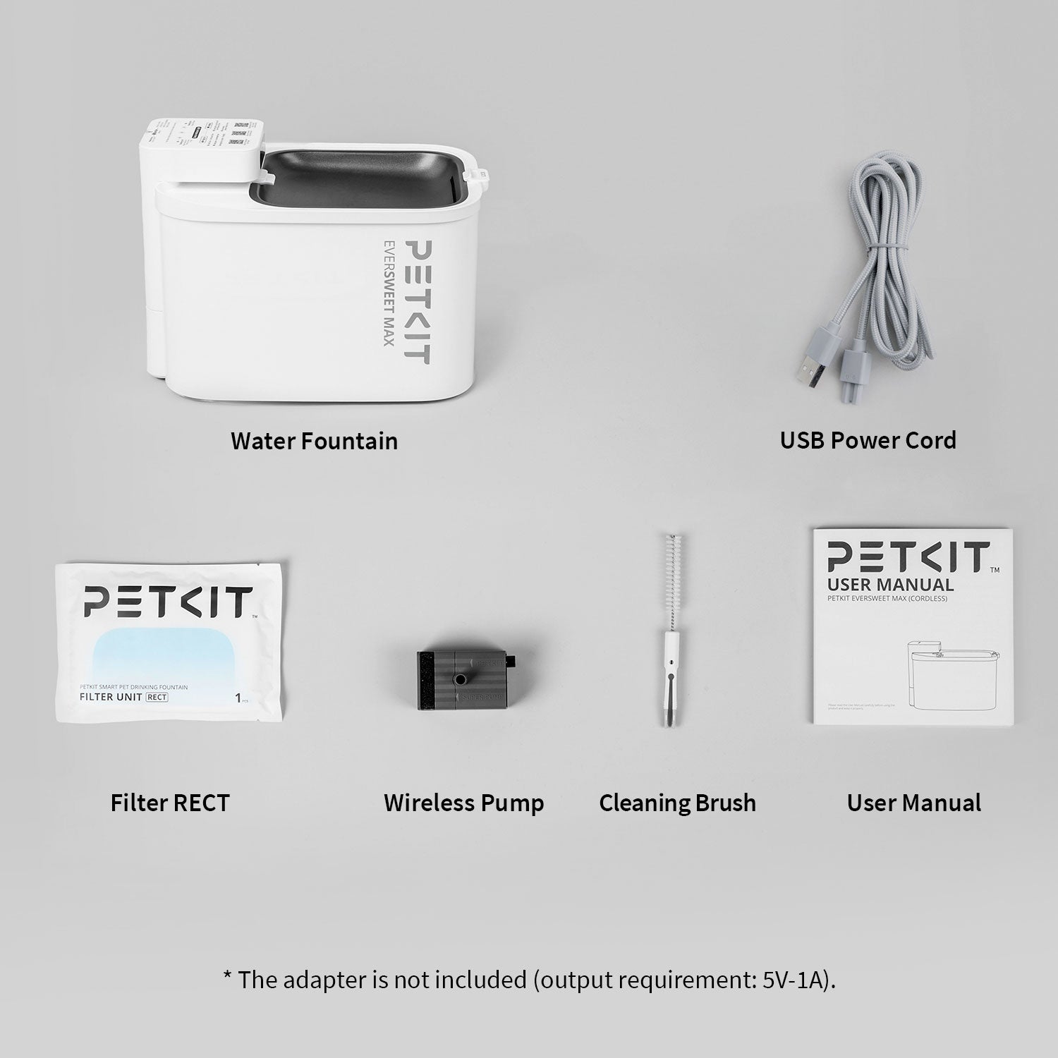 EverSweet Max pet water fountain package including water fountain, USB power cord, filter RECT, wireless pump, cleaning brush, and user manual