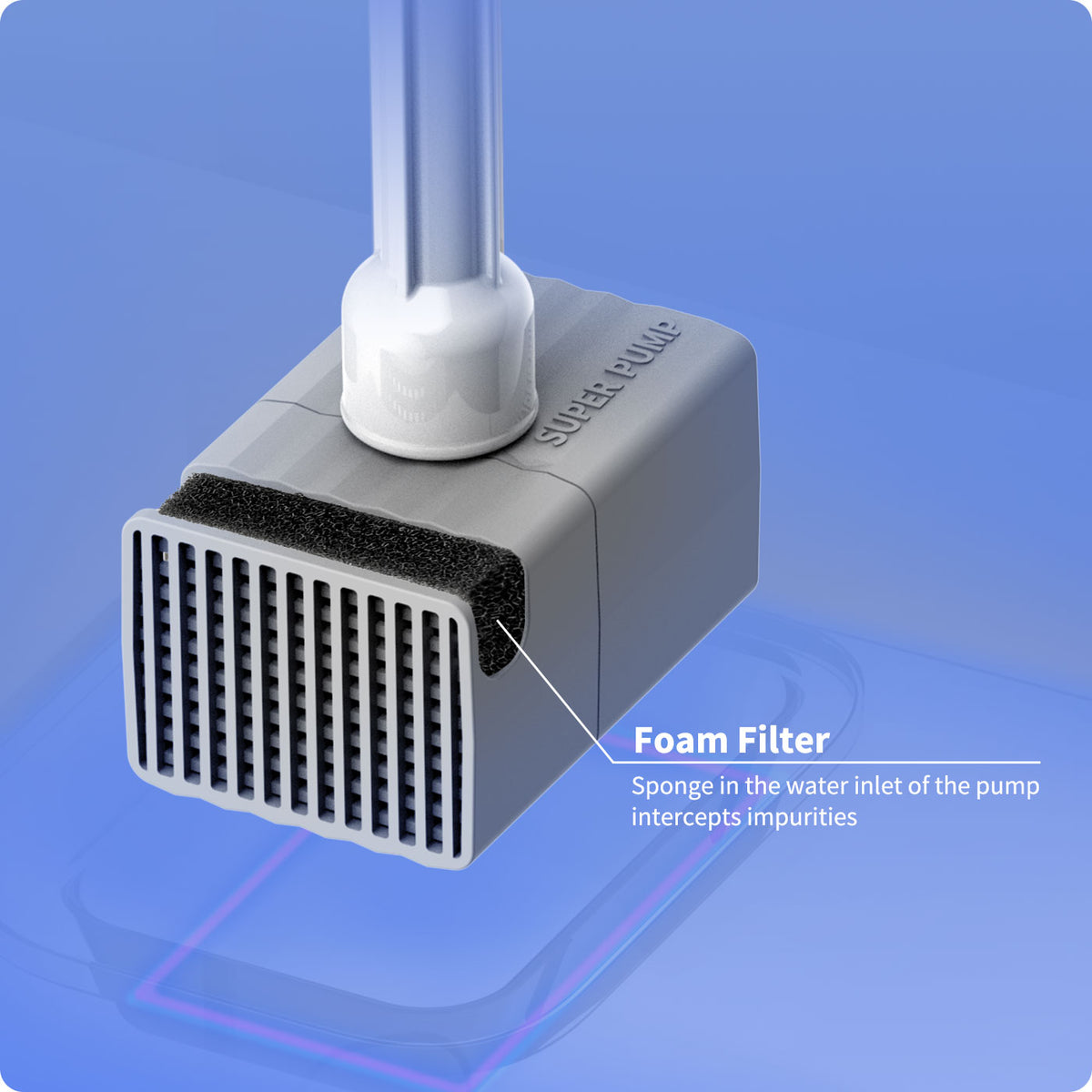 EverSweet Max wireless pump showing a foam filter sponge that helps intercept impurities at the water inlet