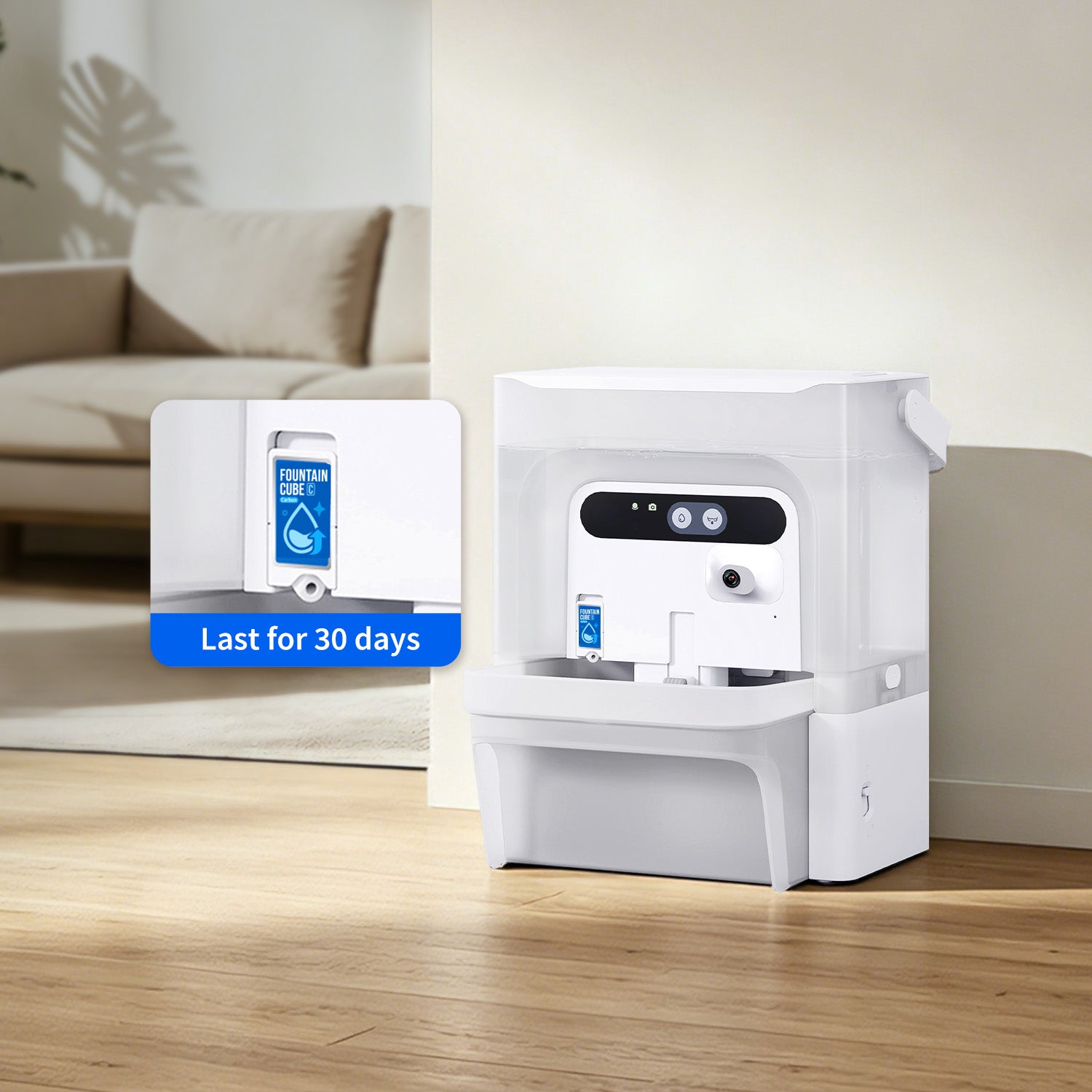 Eversweet Ultra Cat Water Fountain Cube C provides consistent high-speed filtration for up to 30 days, maintaining performance throughout