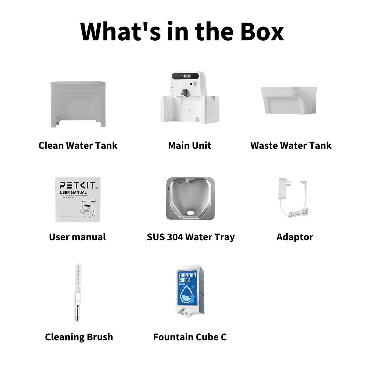 EverSweet Ultra Cat Water Fountain full package including main unit, clean & waste water tank, SUS 304 tray, user manual, adapter, cleaning brush, and Fountain Cube C
