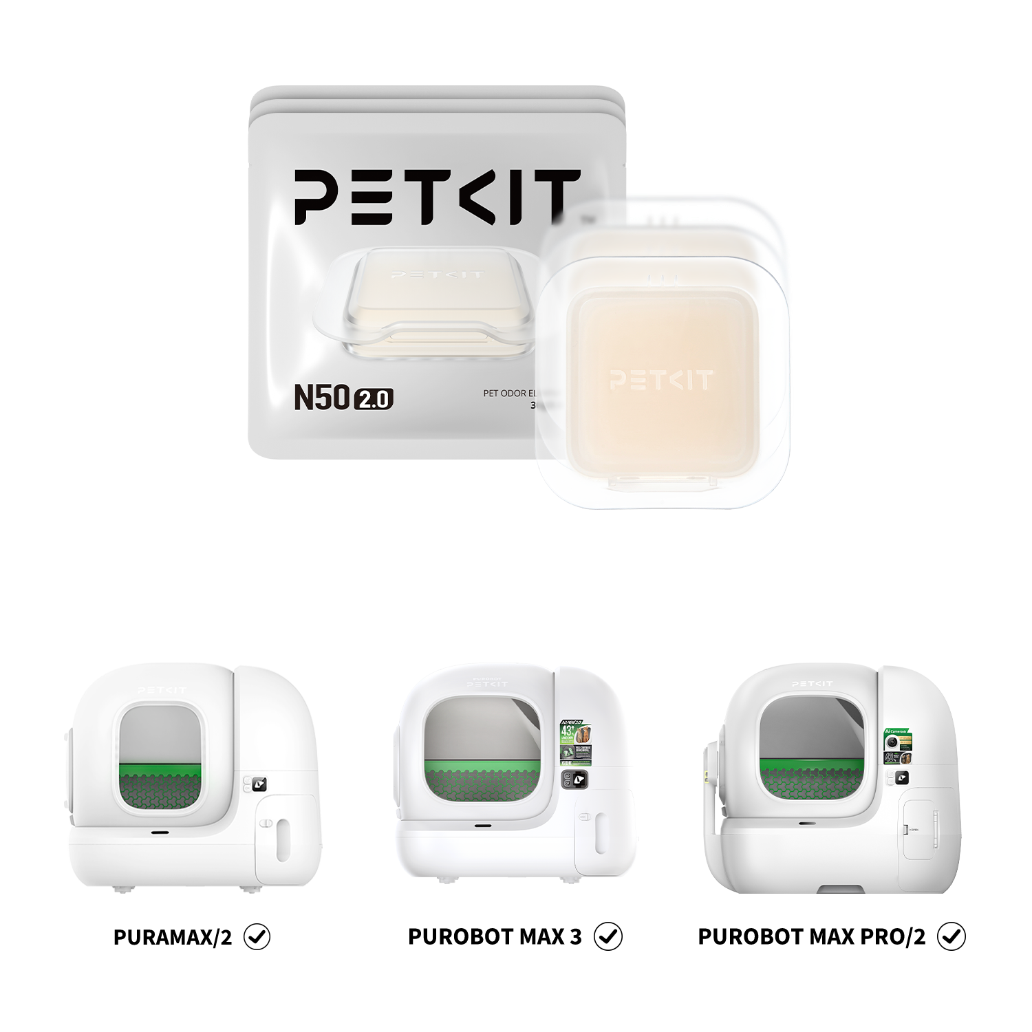 Pet Odor Eliminator N50 2.0 displayed with compatible PETKIT automatic litter boxes including PuraMax, PuraMax 2, Purobot Max Pro and Purobot Max Pro 2 Automatic Litter Box, Purobot Max 3, designed for waste bin odor control