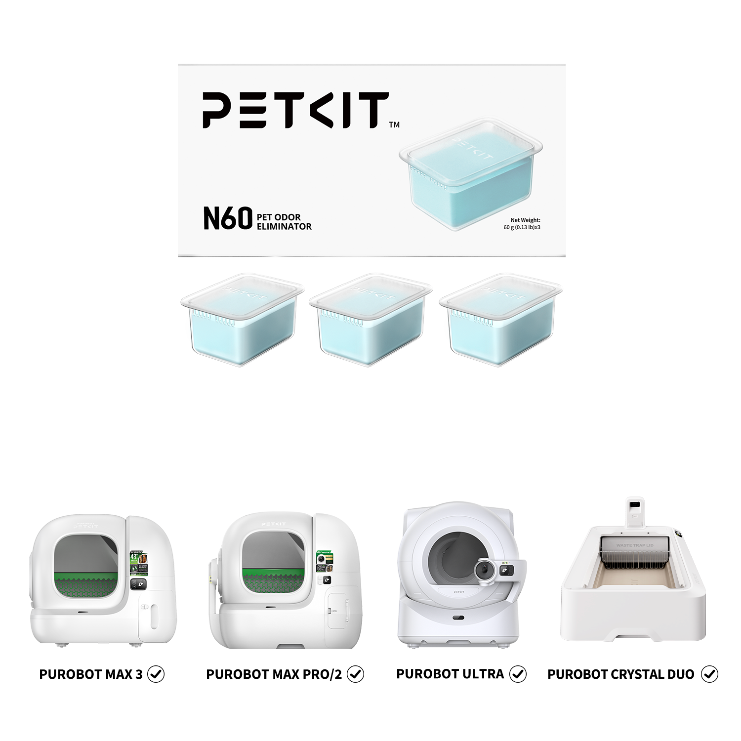 Pet Odor Eliminator N60 displayed with compatible PETKIT automatic litter boxes including Purobot Ultra, Purobot Max Pro, Purobot Max Pro 2, Purobot Max 3, and Purobot Crystal Duo Automatic Litter Box for waste bin odor control