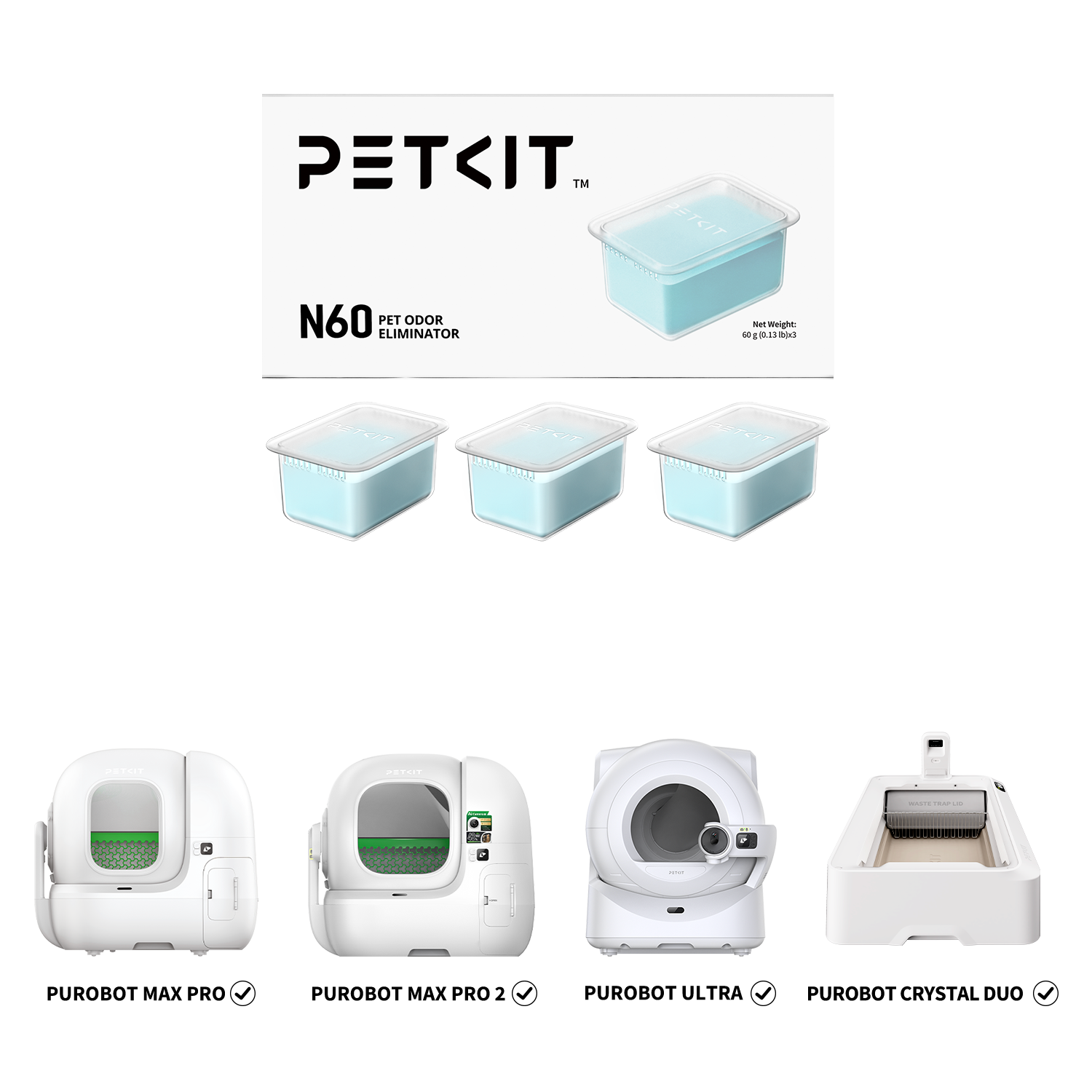 Pet Odor Eliminator N60 displayed with compatible PETKIT automatic litter boxes including Purobot Ultra, Purobot Max Pro, Purobot Max Pro 2, and Purobot Crystal Duo Automatic Litter Box for waste bin odor control
