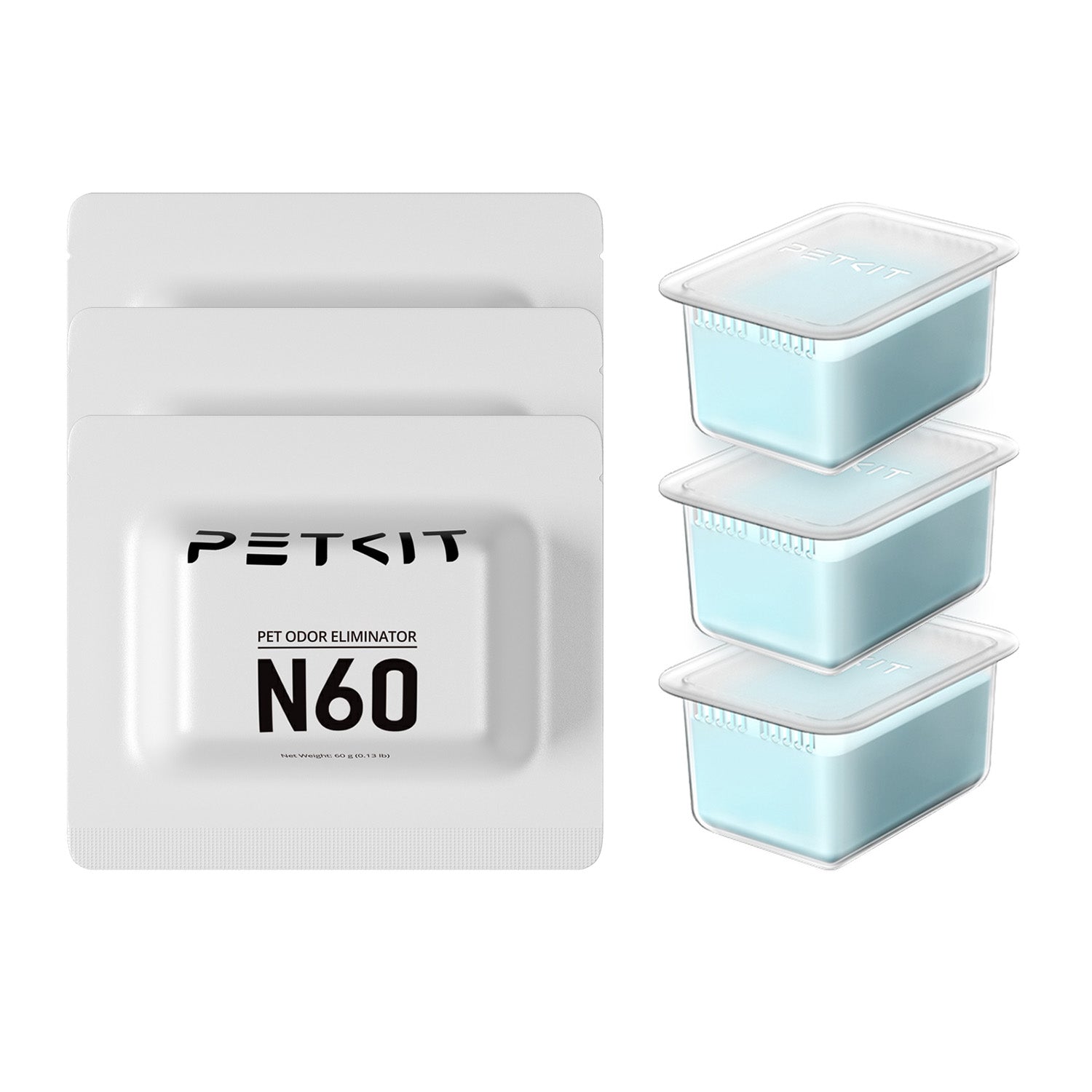 Pet Odor Eliminator N60 shown with outer packaging and product for storage and replacement reference