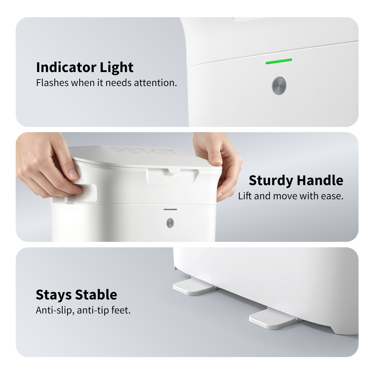 PETKIT AutoSeal Cat Litter Disposal System featuring indicator light, anti-tip feet and sturdy handle for stable operation and easy movement