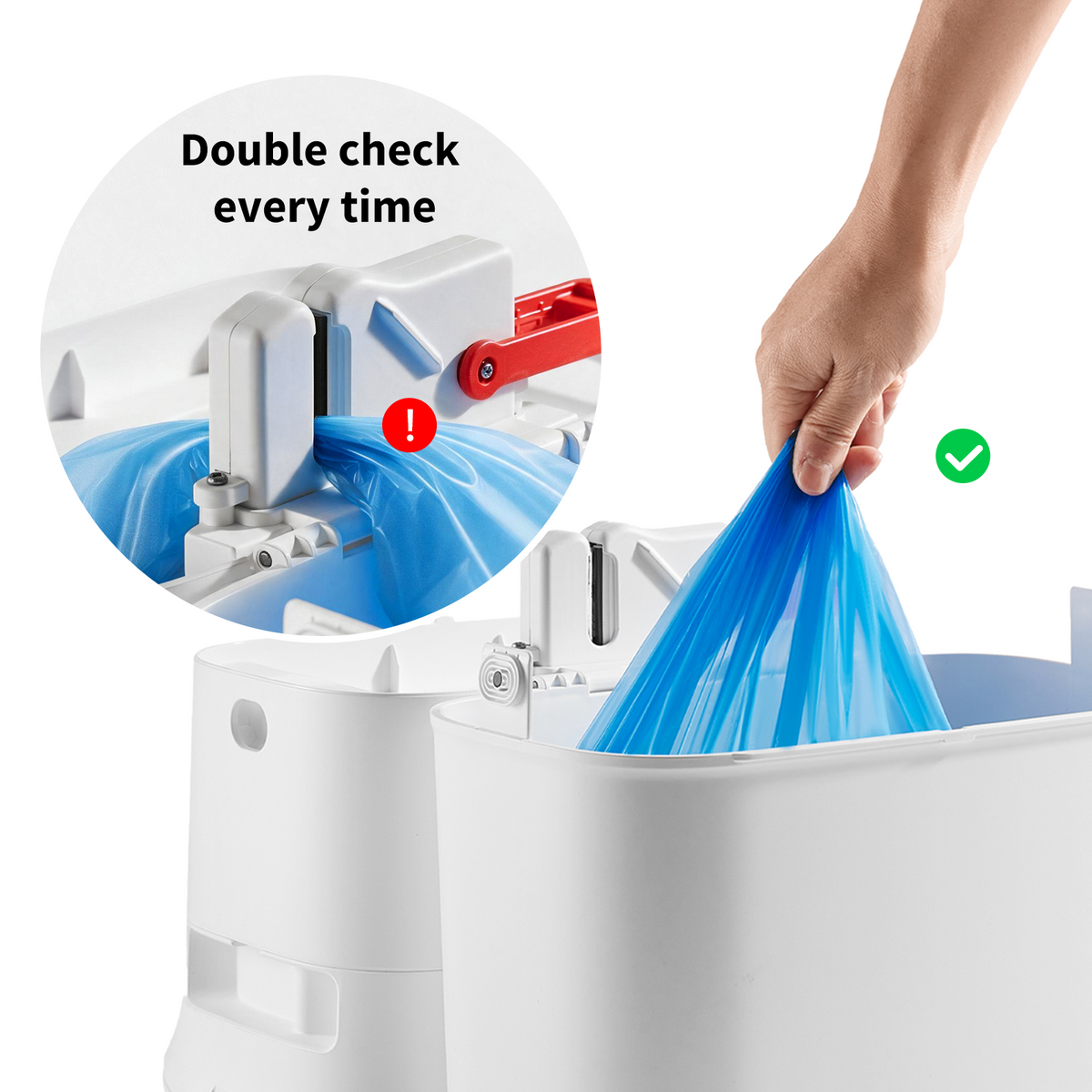 PETKIT AutoSeal Cat Litter Disposal System showing tips for proper lid closure and checking cat waste bag seals after disposal