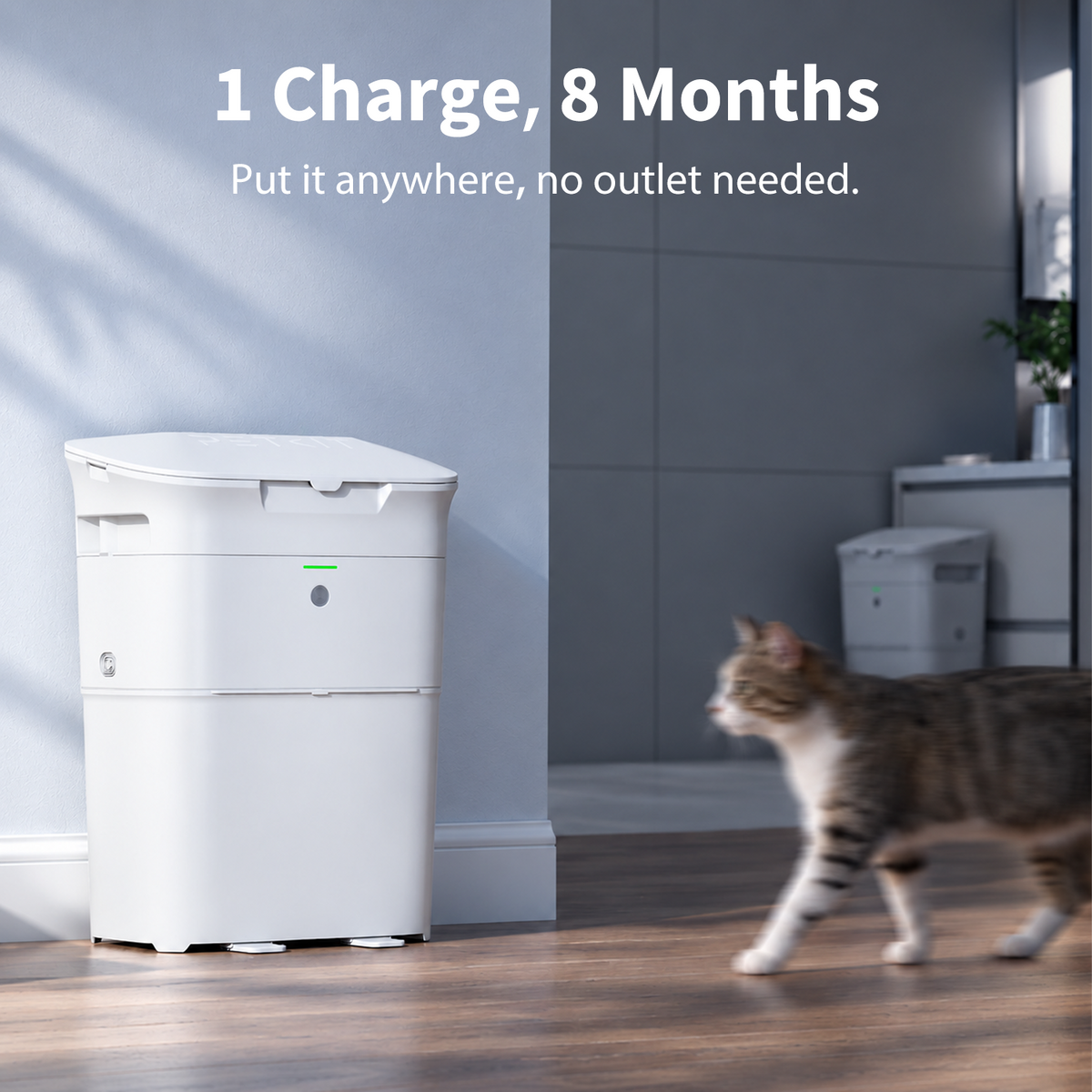 PETKIT AutoSeal Cat Litter Disposal System with rechargeable battery lasting up to 8 months, allowing flexible placement without a power outlet