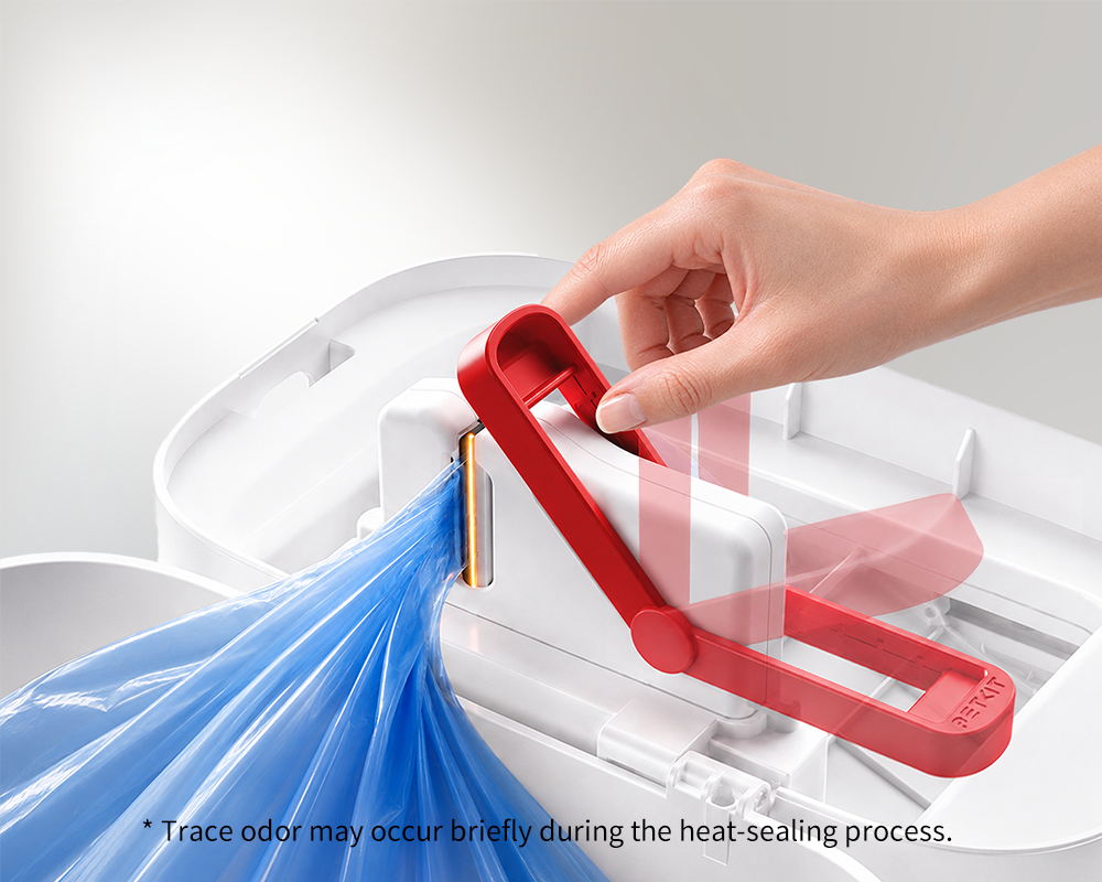 PETKIT AutoSeal Cat Litter Disposal System with heat-sealing technology that seals cat waste bags without knotting, cutting or tying
