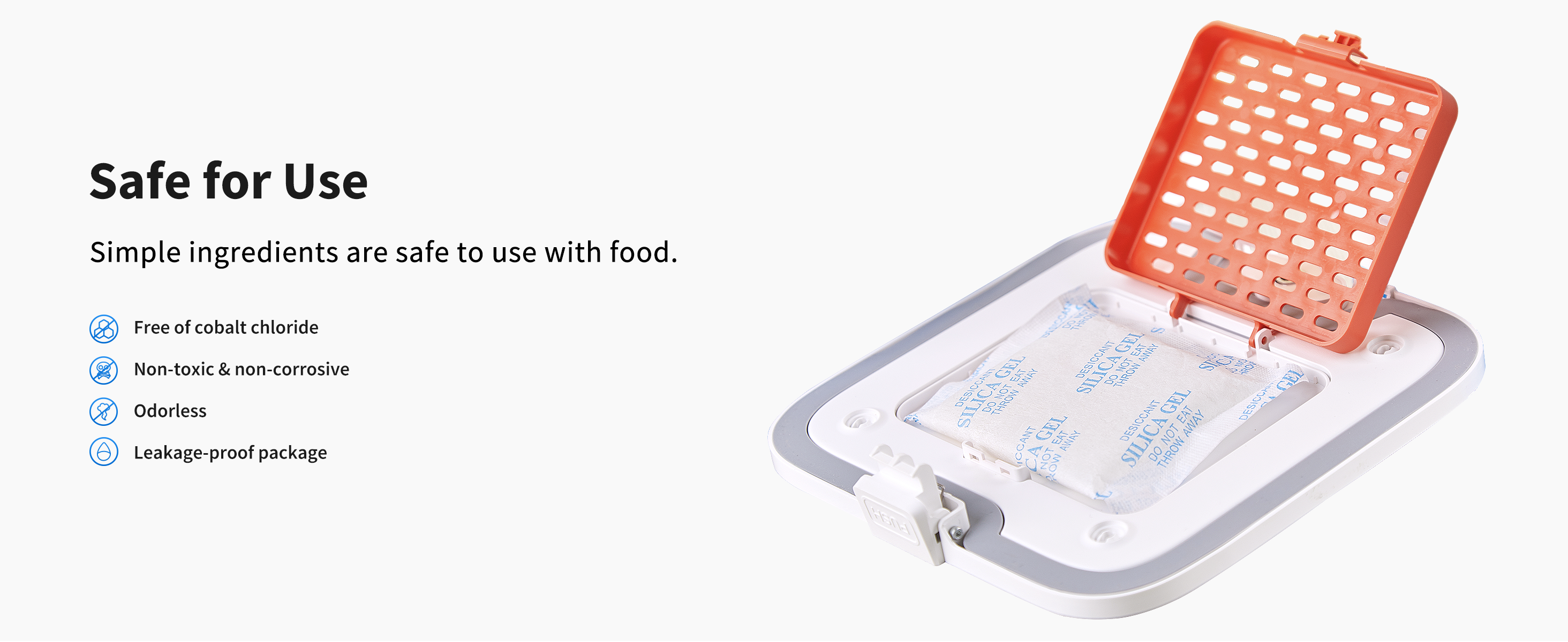 PETKIT desiccant made with simple, non-toxic ingredients, free of cobalt chloride, odorless, non-corrosive, and safely packaged for food use