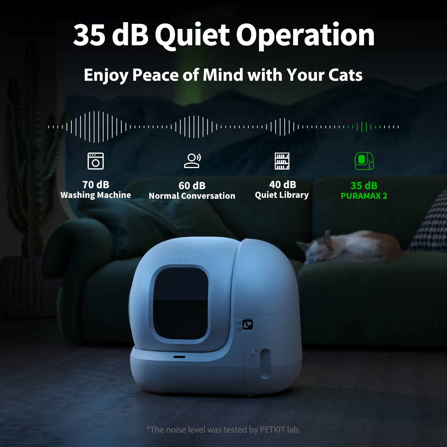 PuraMax 2 Automatic Cat Litter Box operating at 35 dB for whisper-quiet and stress-free use