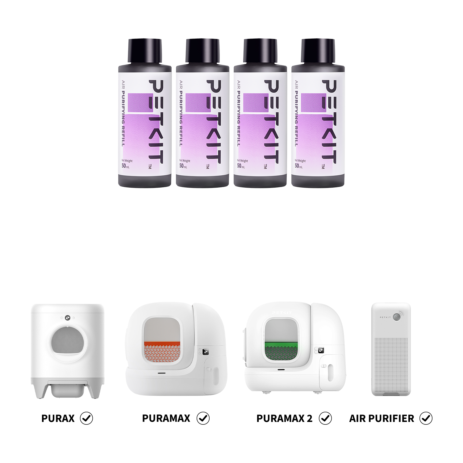 Purifying Liquid Refill 4-pack displayed with compatible PETKIT PuraX, PuraMax, PuraMax 2 and air purifier