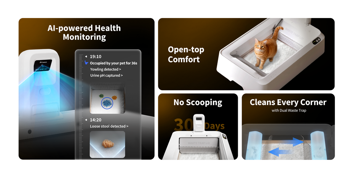 Key features of Purobot Crystal Duo including AI health monitoring, up to 30 days no scooping, dual waste traps, and open-top comfort design.