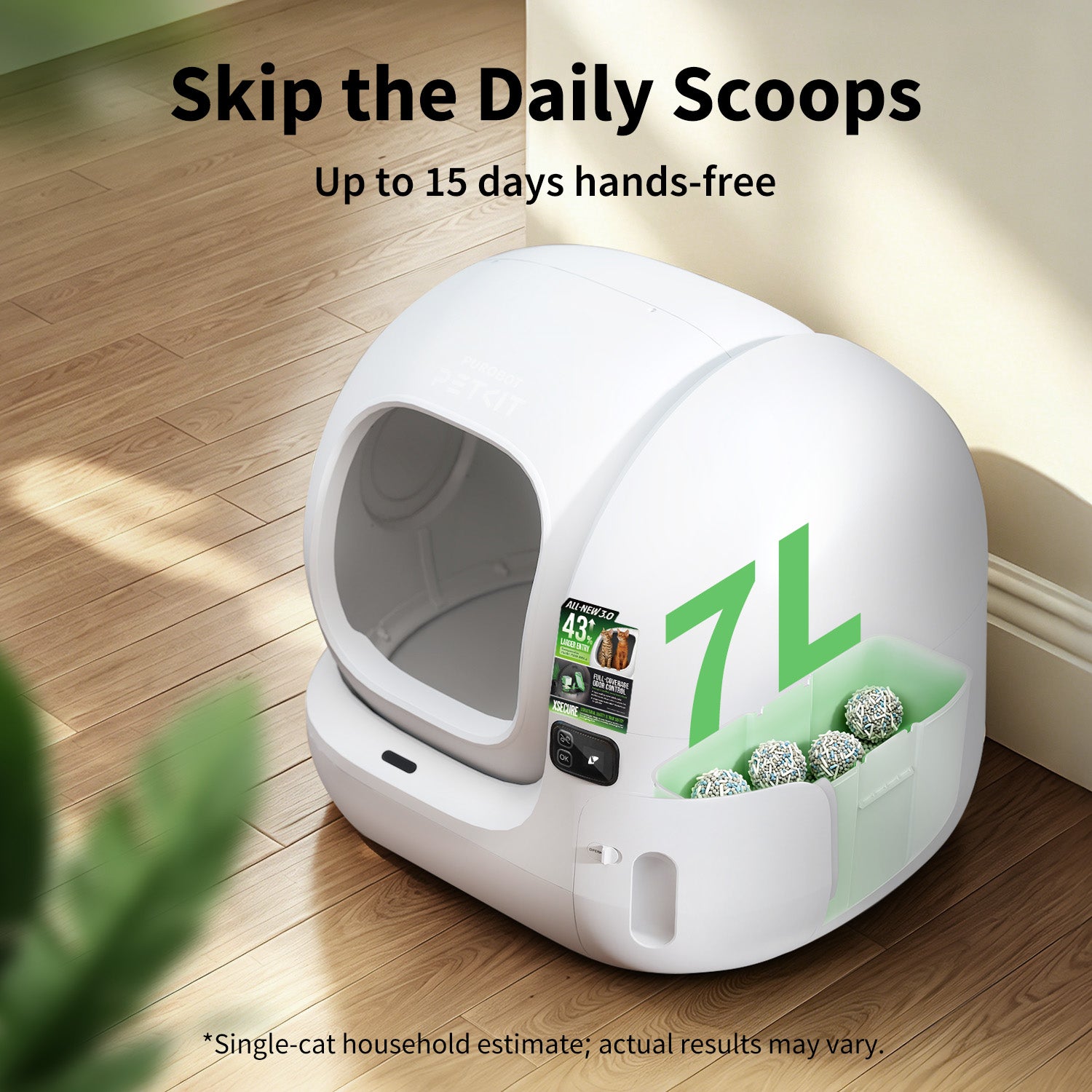 PUROBOT MAX 3 Self Cleaning Litter Box showing 7L waste bin capacity supporting up to 15 days hands-free usage
