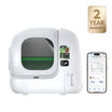 PUROBOT MAX 3 Self Cleaning Litter Box on white background with smartphone app control interface and 2-year warranty badge