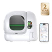PUROBOT MAX 3 Self Cleaning Litter Box on white background with smartphone app control interface and 2-year warranty badge