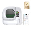 PUROBOT MAX 3 Self Cleaning Litter Box on white background with smartphone app control interface and 2-year warranty badge