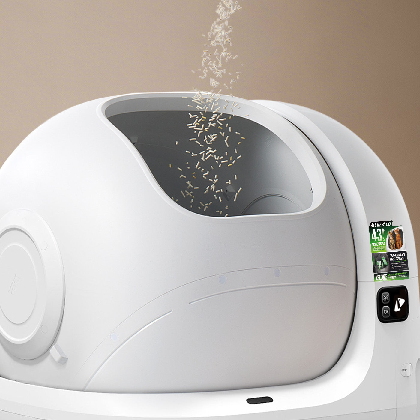 PUROBOT MAX 3 self cleaning litter box with maintenance mode allowing easy litter refilling through tilted cylinder design