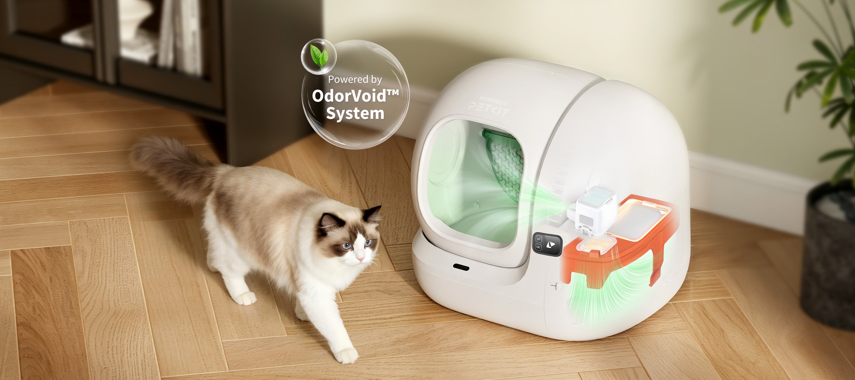 PUROBOT MAX 3 self cleaning litter box powered by OdorVoid Defence System delivering multi-layer odor elimination across the full waste cycle