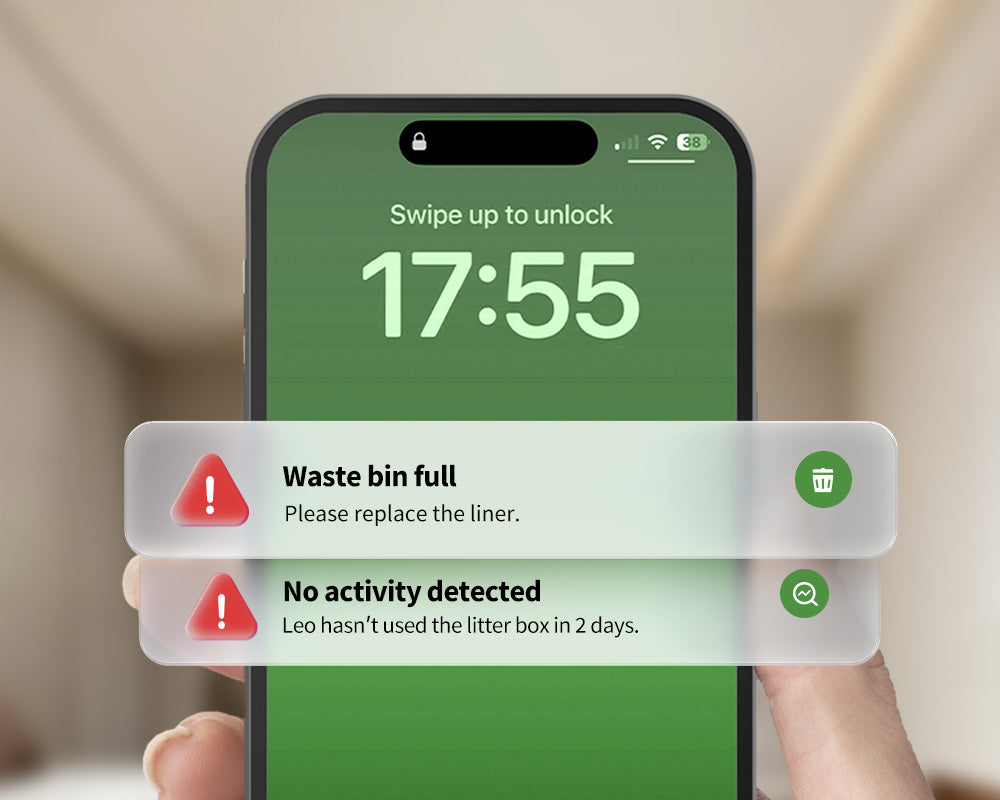 PUROBOT MAX 3 self cleaning litter box sending real-time alerts for waste status, activity changes