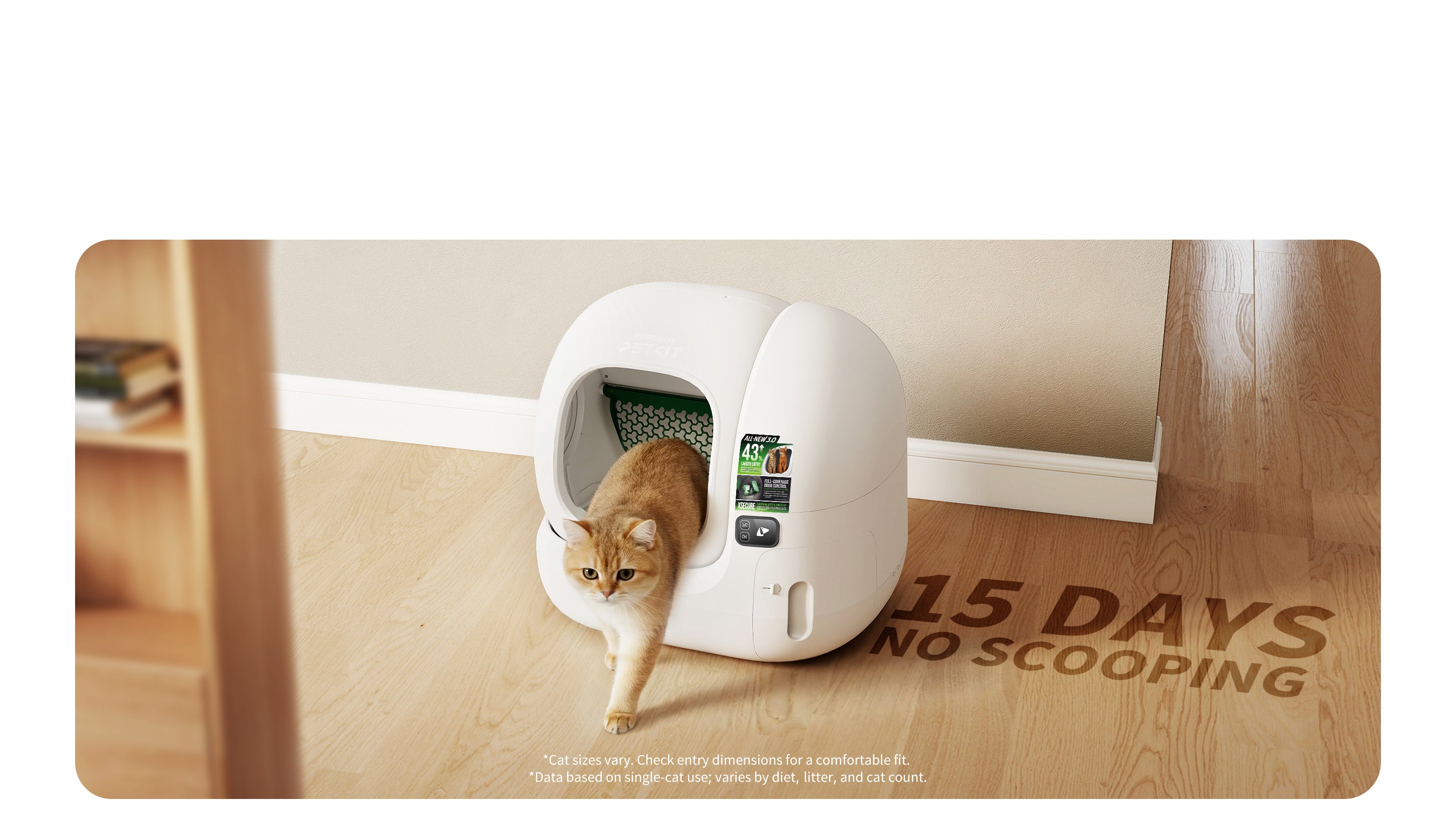 PUROBOT MAX 3 Self Cleaning Litter Box showing wide low entry design and 7L waste bin with up to 15 days hands-free use