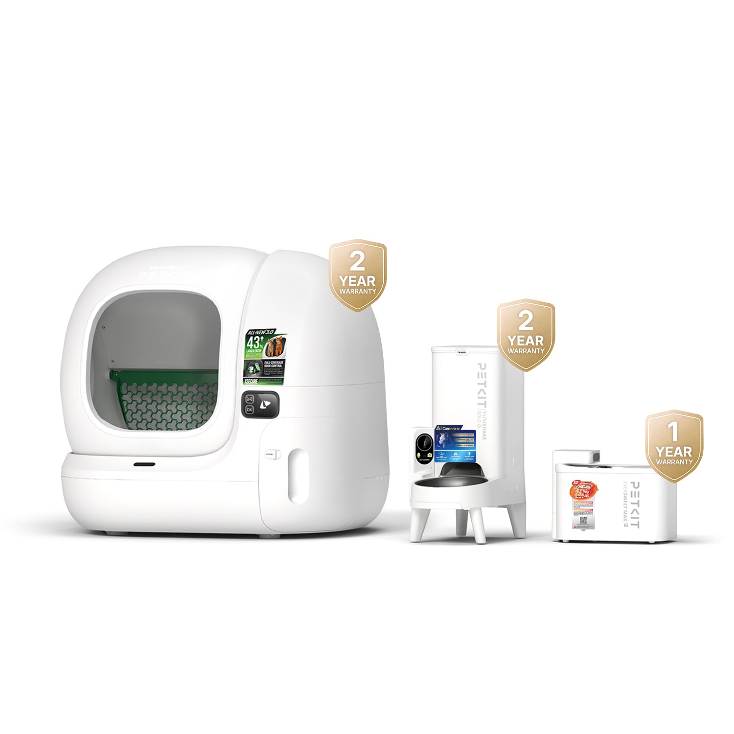 Bundle including Purobot Max 3 automatic cat litter box, YumShare Solo 2 automatic pet feeder with camera, and EverSweet Max 2 UVC pet water fountain