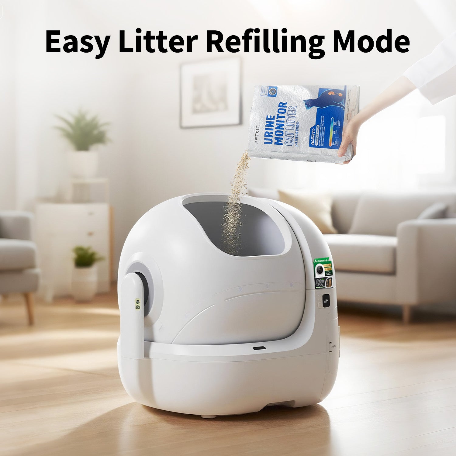 Adding cat litter into PUROBOT MAX PRO 2 litter box
