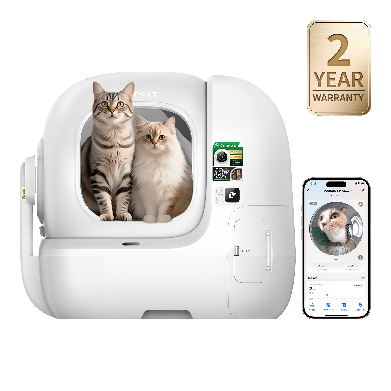 The PUROBOT MAX PRO 2 automatic litter box featuring a 2-year-warranty badge can be controlled via a smartphone app