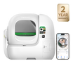 A white Petkit automatic cat litter box shown on a clean white background, alongside a smartphone displaying a cat video feed and a gold '2 YEAR WARRANTY' badge.