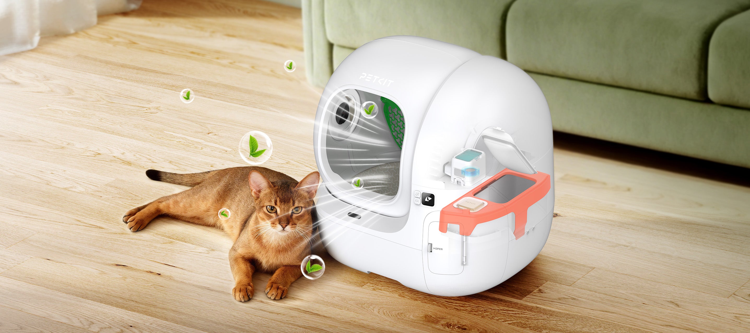 Purobot Max Pro 2 Automatic Cat Litter Box odor control design with sealed bin, instant clean, cyclinder odor contain and dual deodorizing system