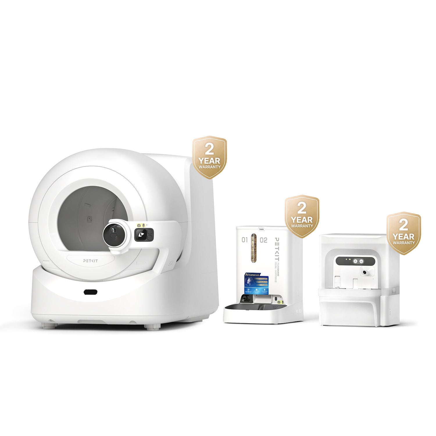 Pet care bundle featuring Purobot Ultra automatic litter box with AI camera, YumShare Dual-hopper 2 feeder, and EverSweet Ultra pet water fountain