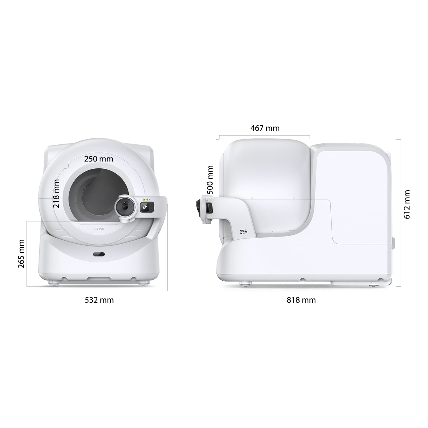 Purobot Ultra Automatic Cat Litter Box dimension with entry height, width, and overall measurements for space planning