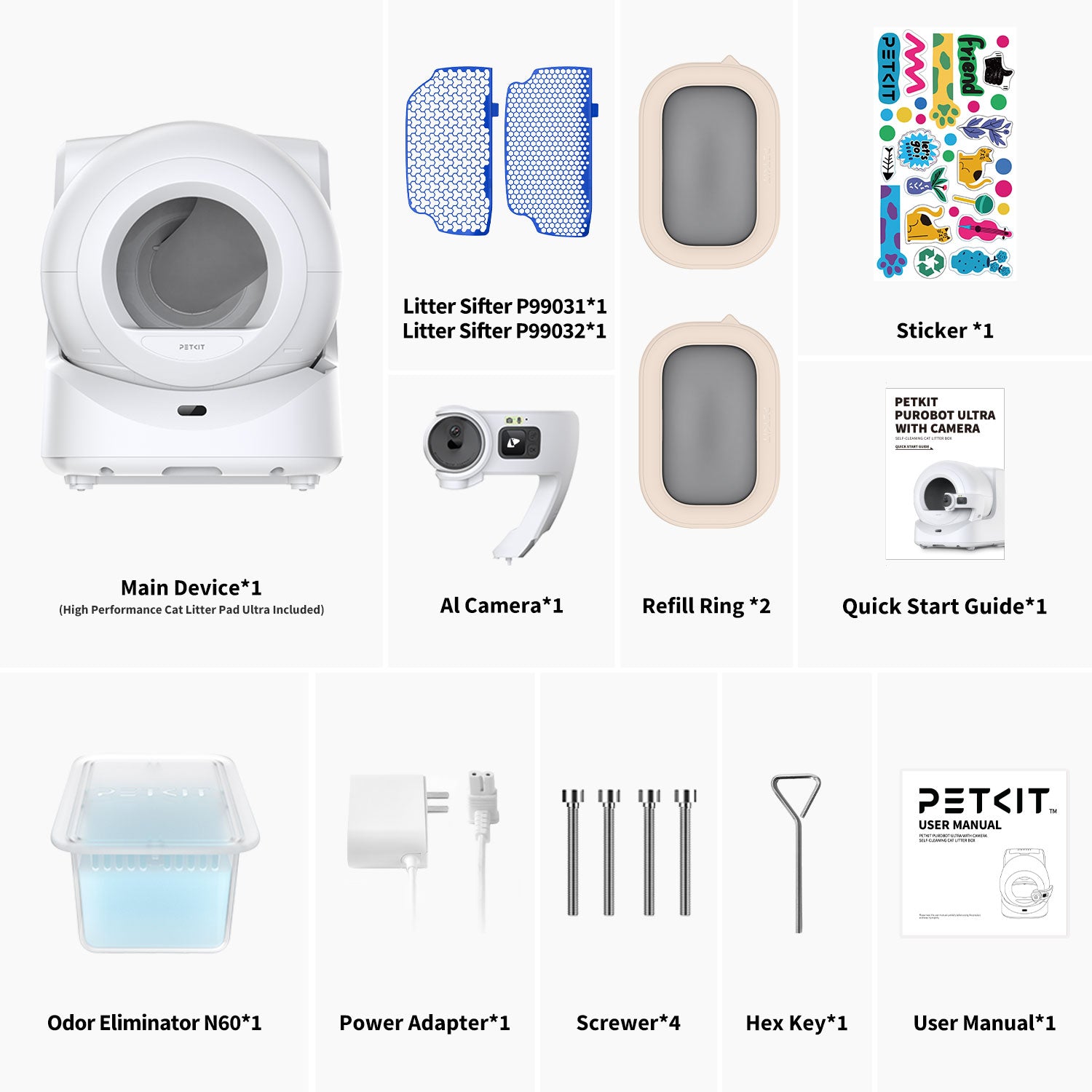 Purobot Ultra Automatic Cat Litter Box package includes main device, AI camera, litter sifter, refill rings, odor eliminator, power adapter, and user guides