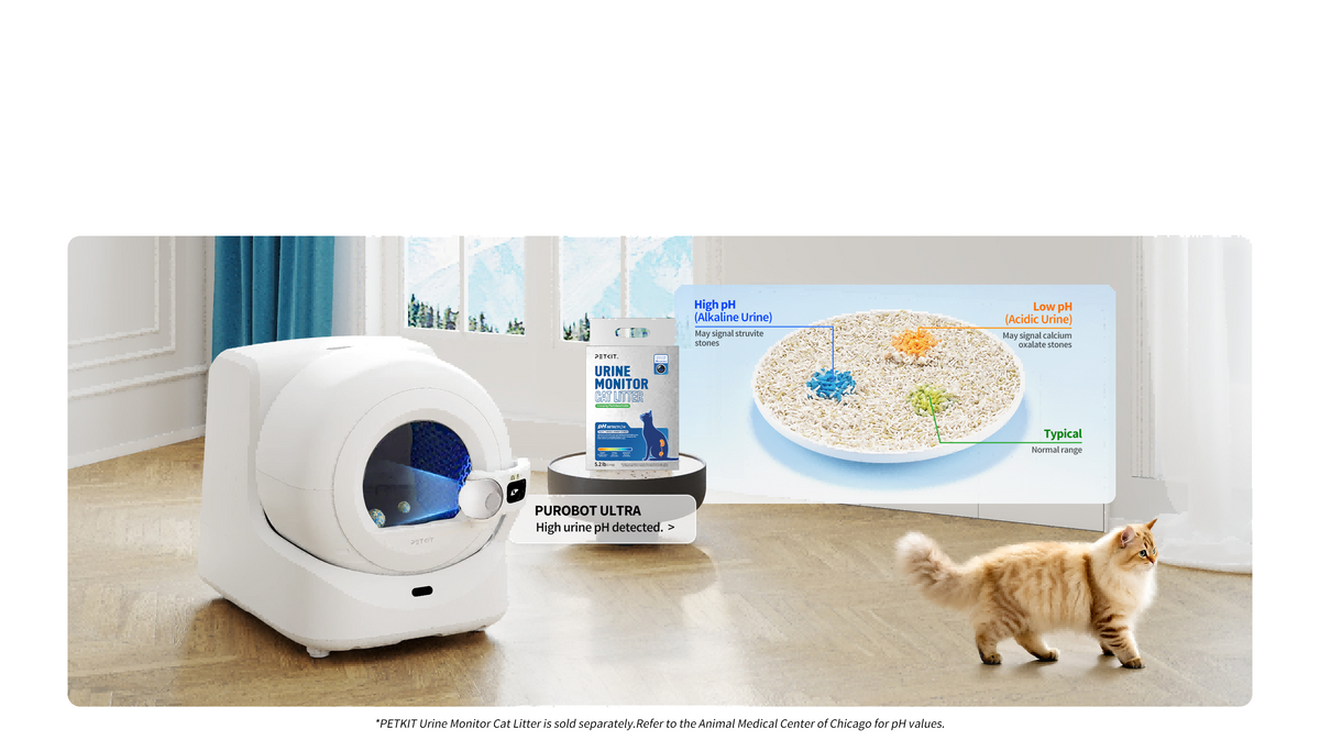 Purobot Ultra Automatic Cat Litter Box detecting urine pH changes using PETKIT Urine Monitor Cat Litter, alerting owners to potential urinary disease before symptoms worsen