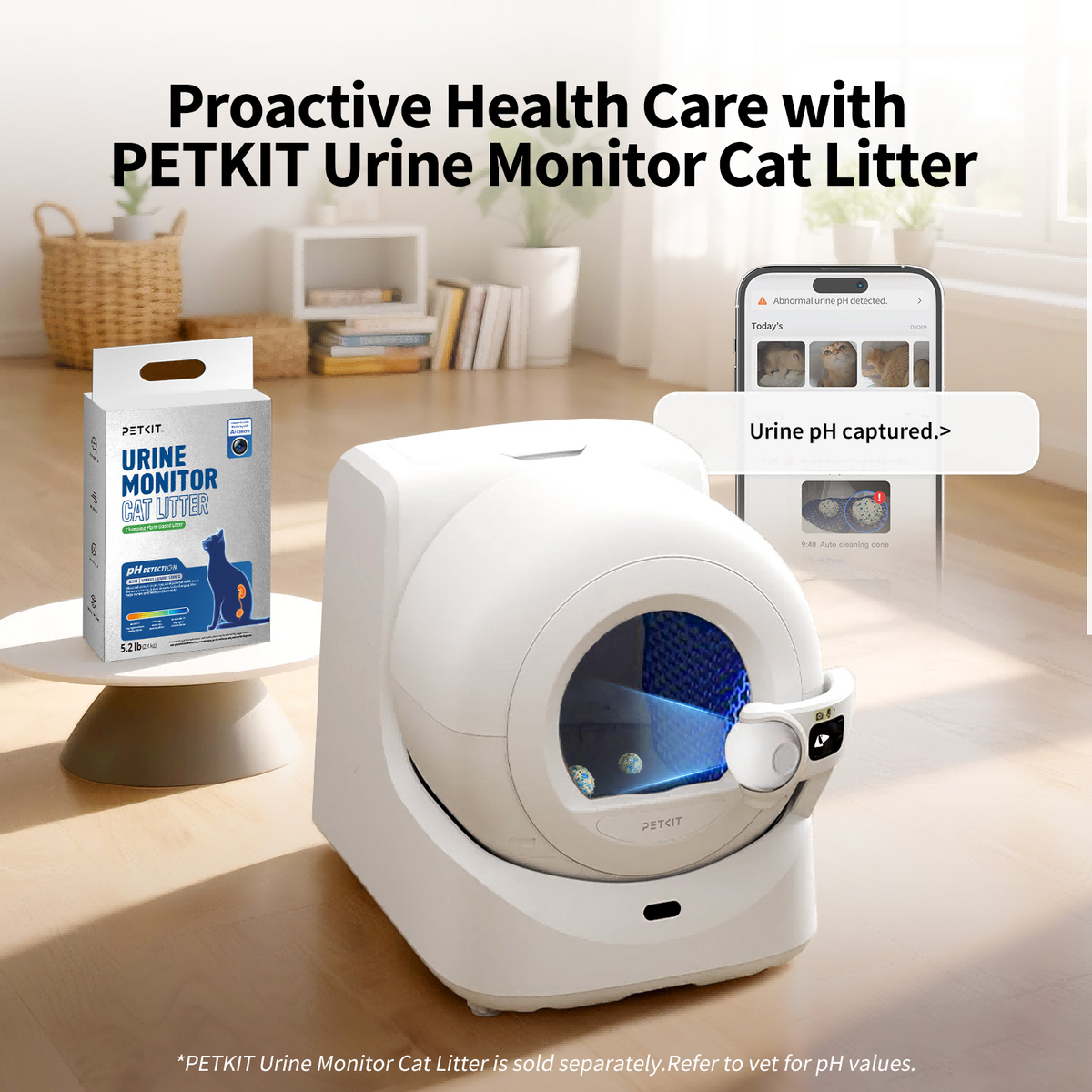 Purobot Ultra Automatic Cat Litter Box analyzing litter clumps with PETKIT Urine Monitor Cat Litter, sending app alerts for abnormal urine pH to prevent urinary disease