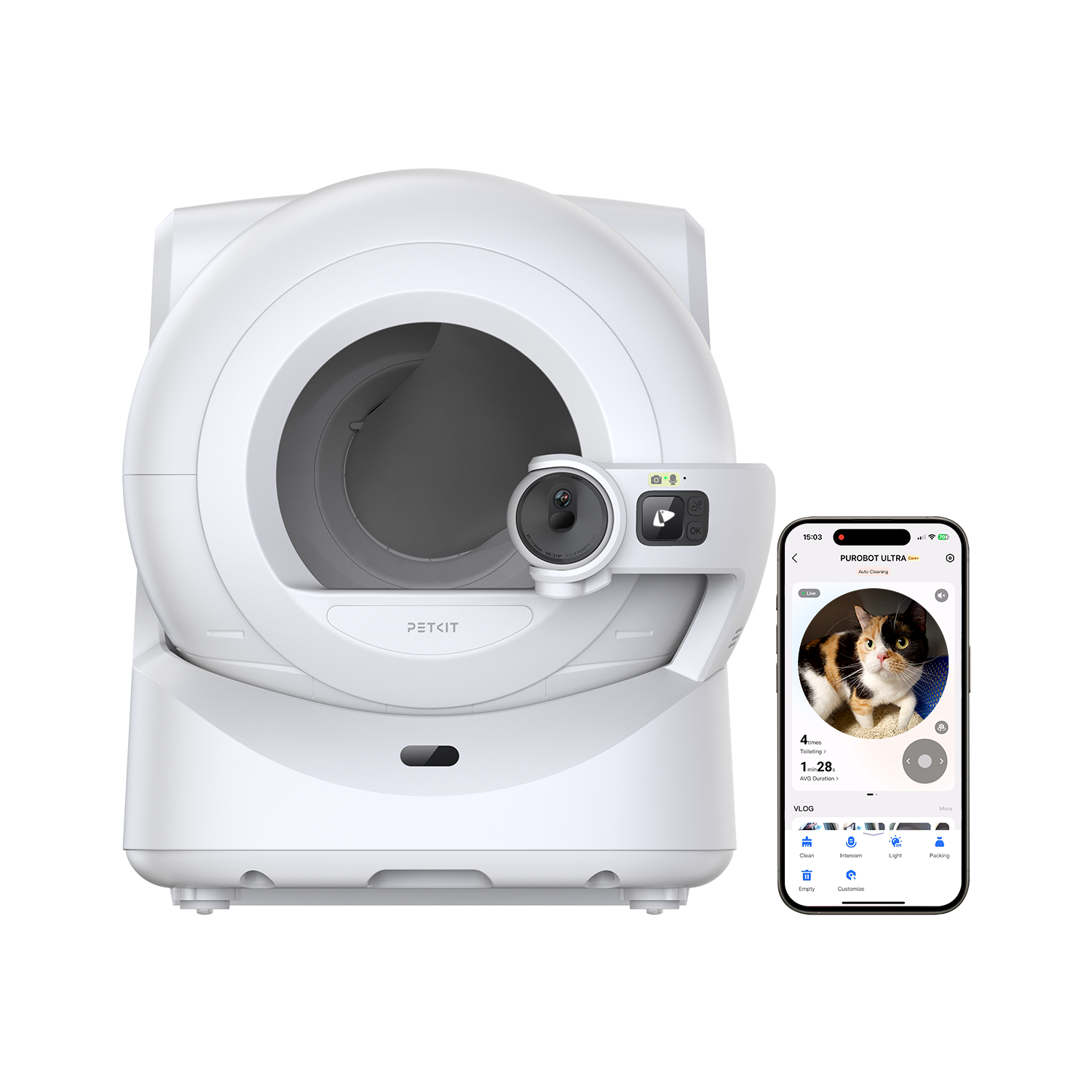 Purobot Ultra Automatic Cat Litter Box paired with PETKIT app interface showing live monitoring, notifications, and app control for convenience