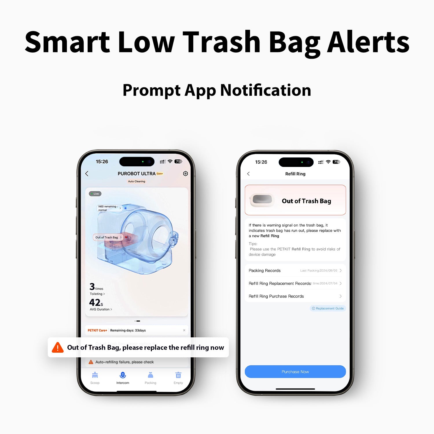 Refill Ring equipped with NFC recognition to trigger timely low-bag alerts via the PETKIT app