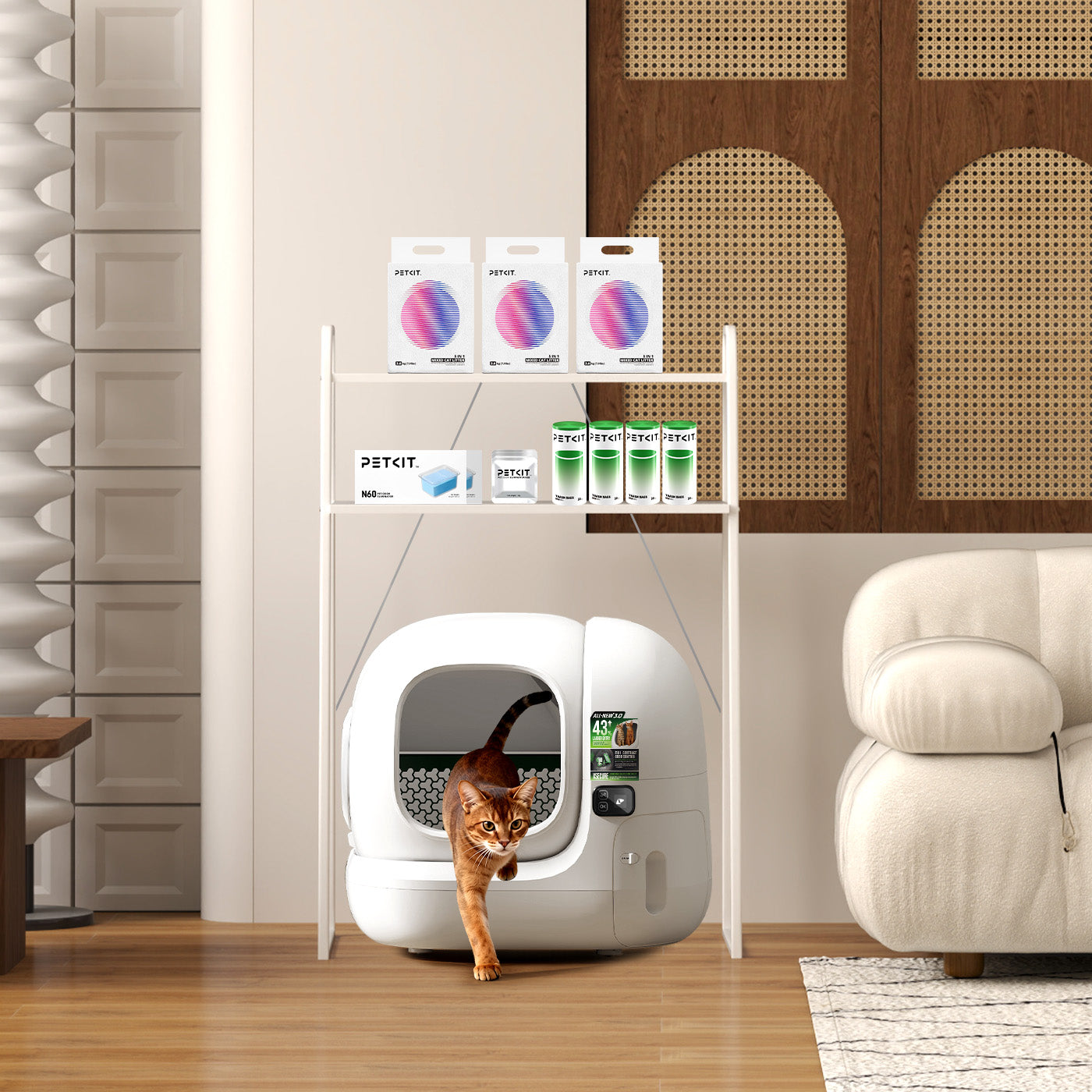 Storage Shelf shown with Purobot Max 3 Automatic Litter Box, ensuring organized storage and efficient space use