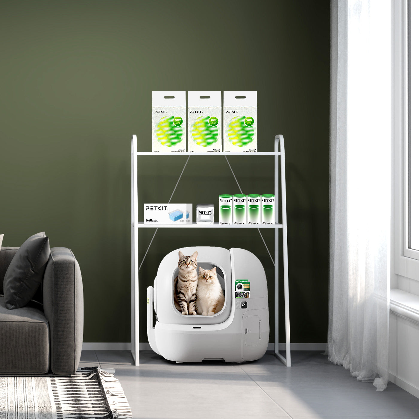 Storage Shelf compatible with Purobot Max Pro 2 Automatic Litter Box, allowing tidy storage while maintaining accessibility