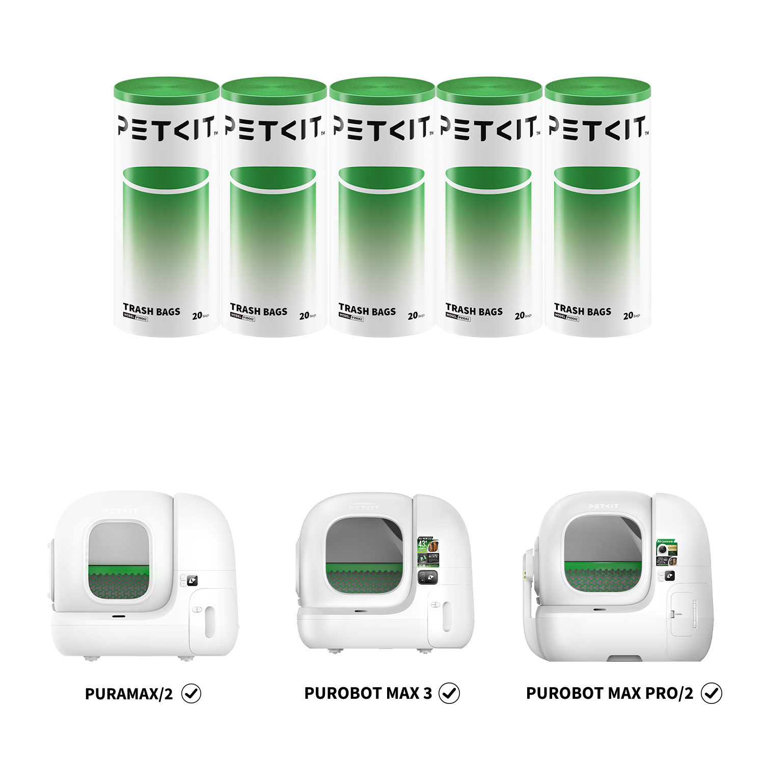 Trash bags displayed with compatible PETKIT litter boxes including Purobot Max Pro, Purobot Max Pro 2, Purobot Max 3, PuraMax and PuraMax 2, designed for daily waste collection