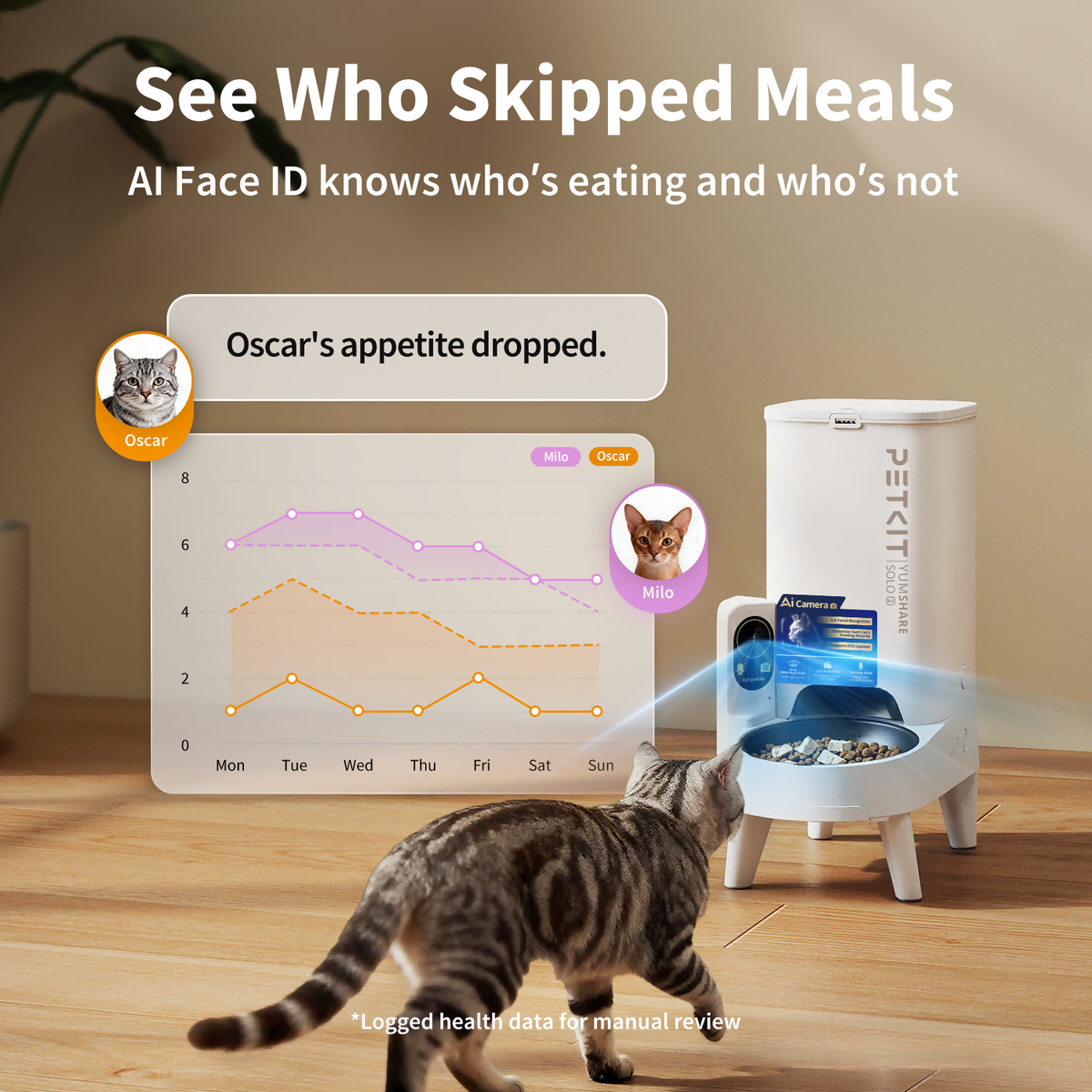 YumShare Solo 2 automatic cat feeder using facial recognition to identify multiple pets and monitor individual eating habits