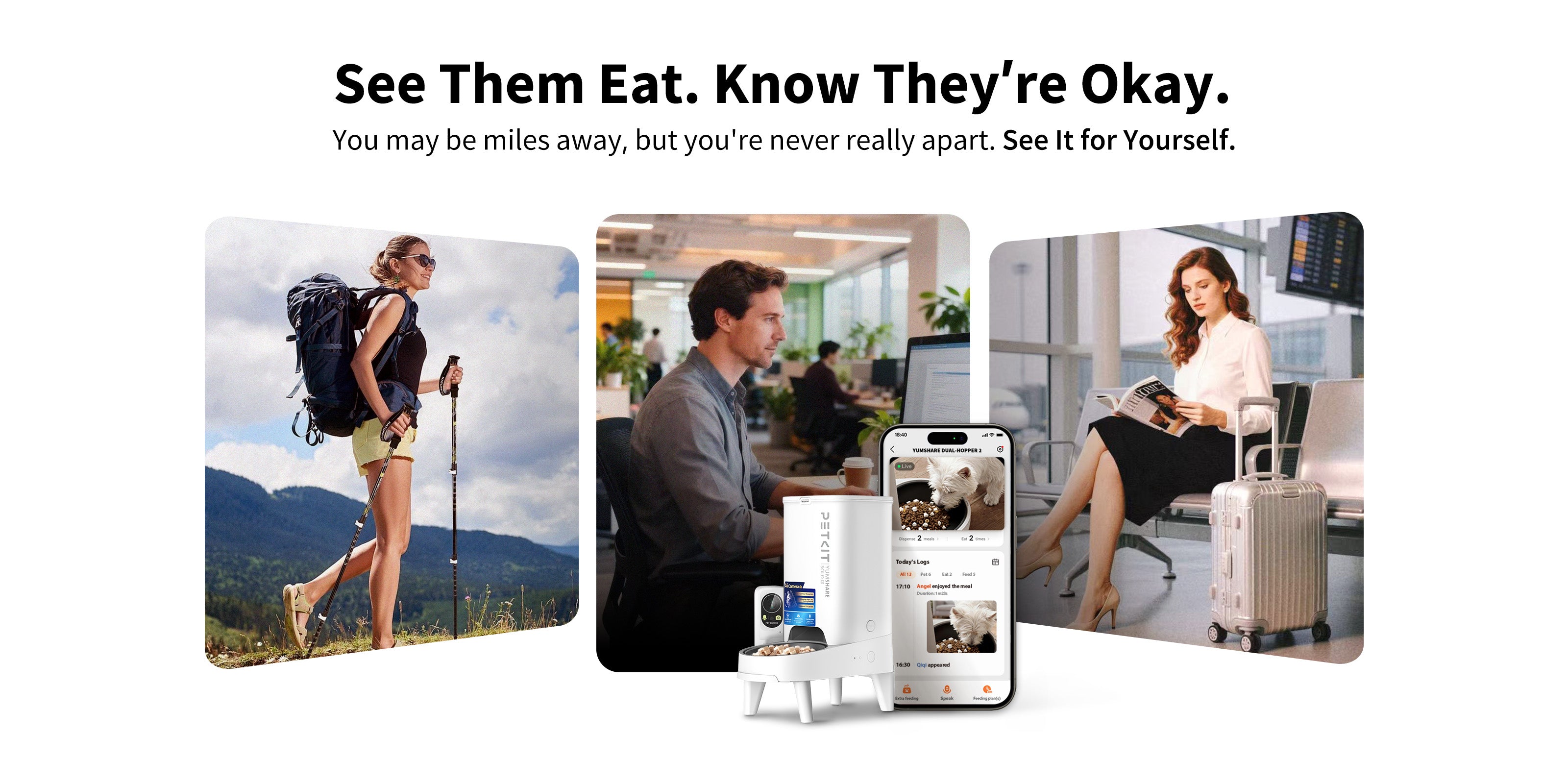YumShare Solo 2 automatic cat feeder with AI camera enabling remote monitoring, live video, and meal tracking from anywhere